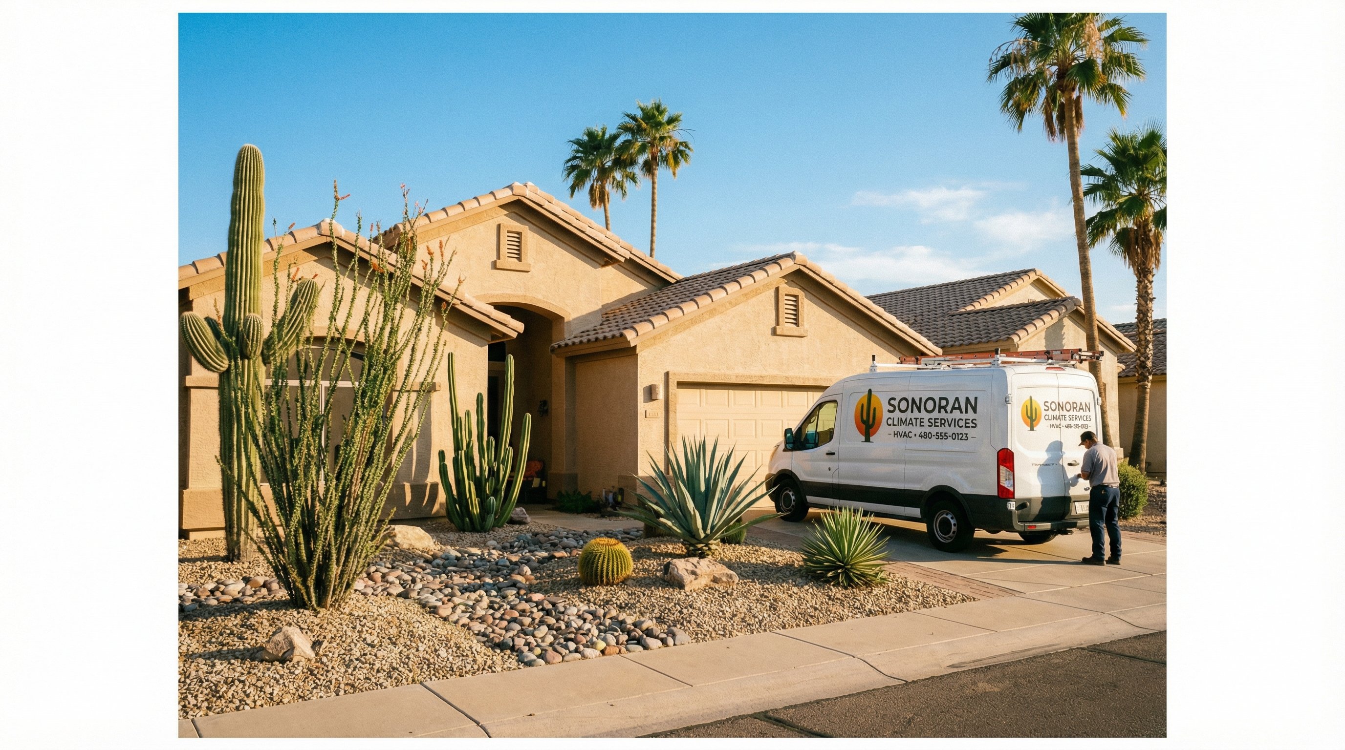 Phoenix suburban home with HVAC service van parked in driveway