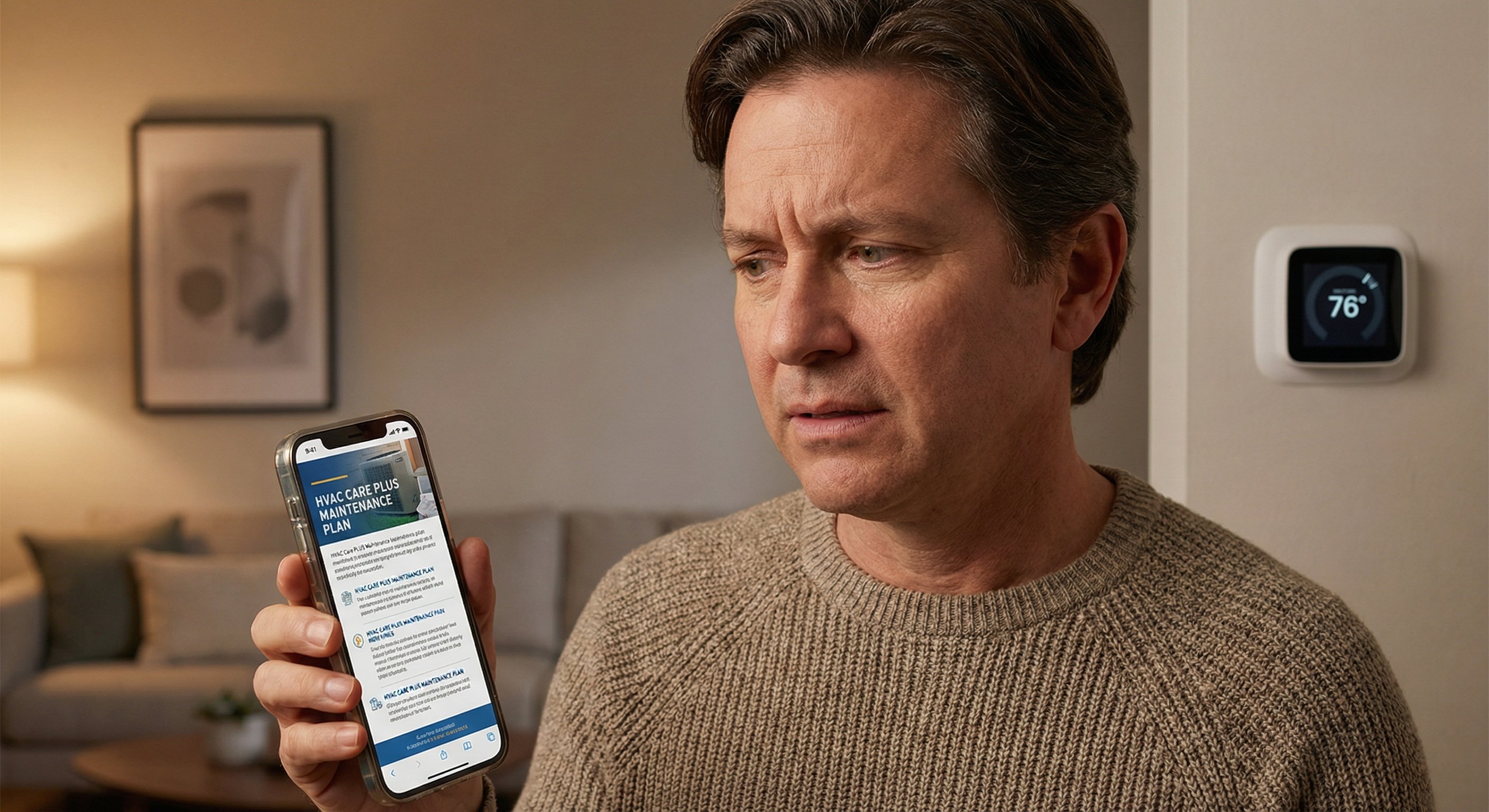 Phoenix homeowner reviewing HVAC maintenance contract on smartphone with skeptical expression