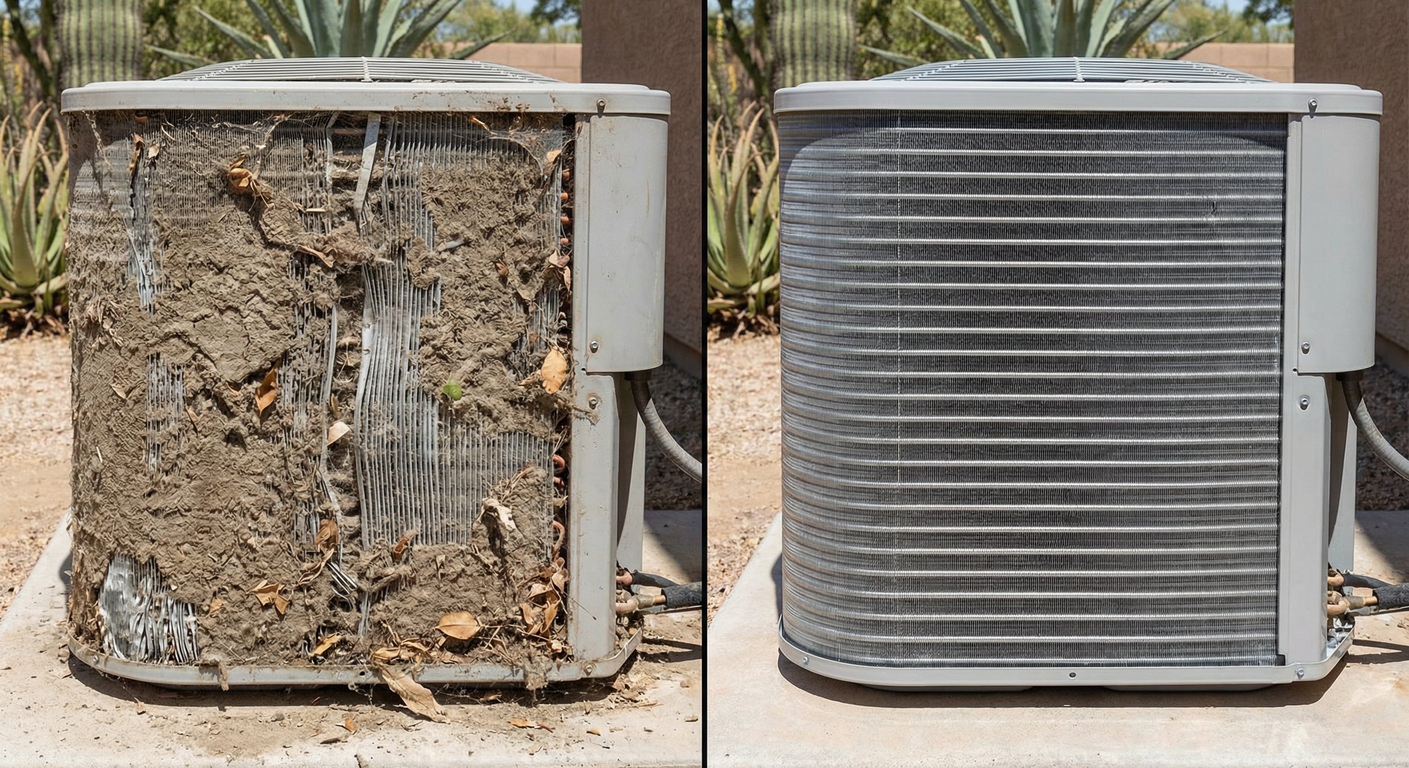 Split comparison of dirty vs clean AC condenser coils showing the difference professional cleaning makes