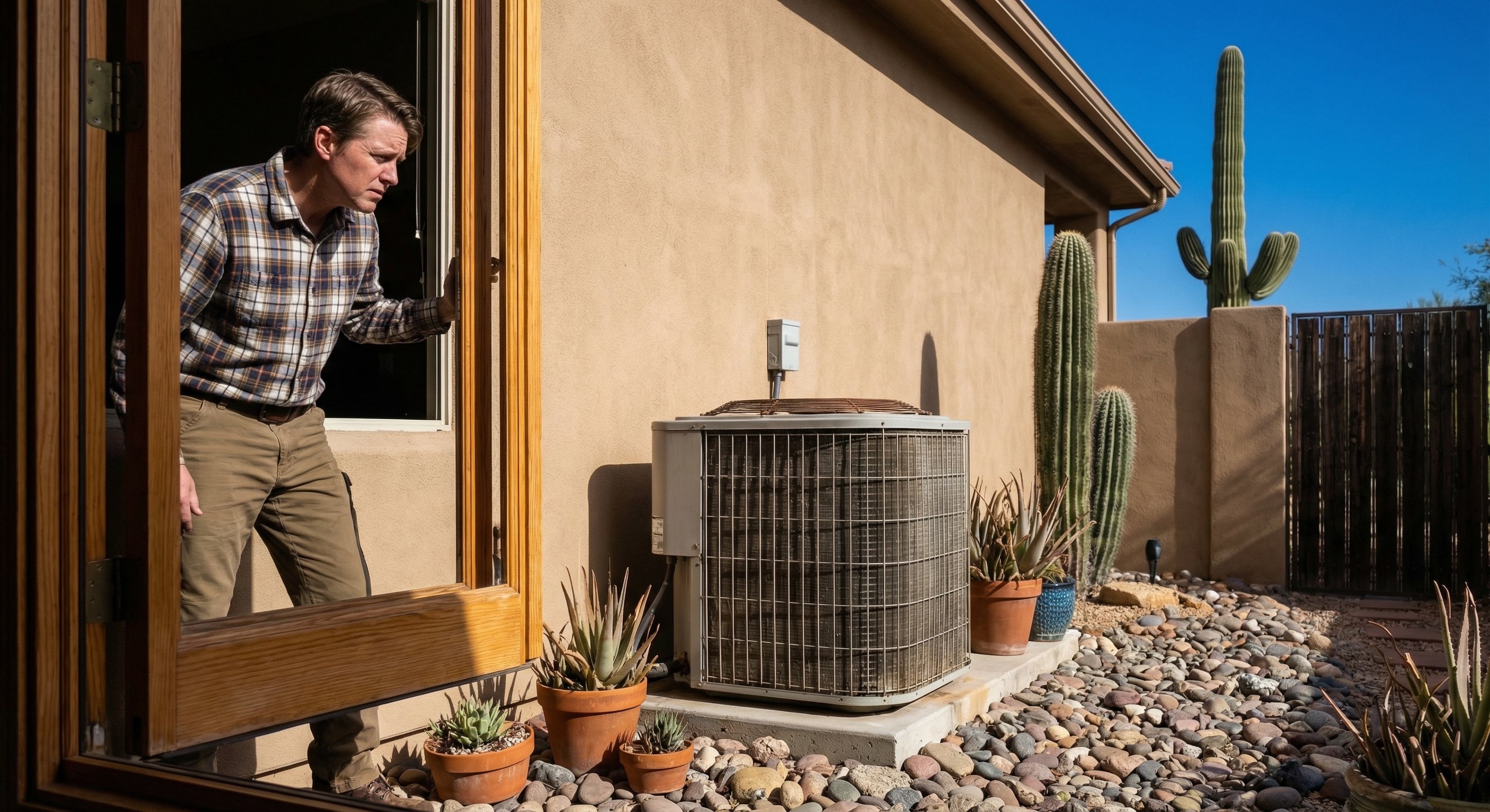 Homeowner looking at outdoor AC condenser with concern from kitchen window