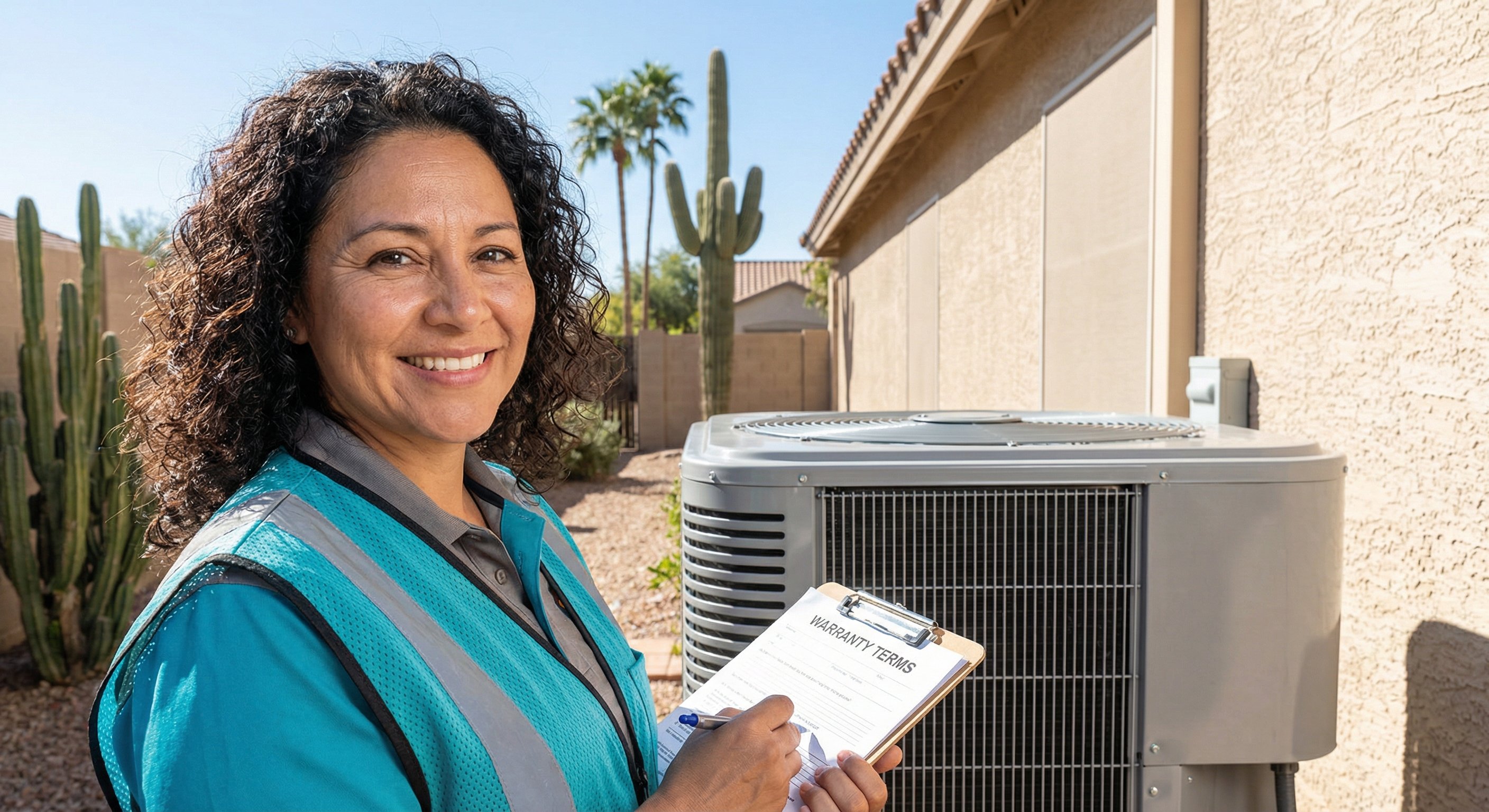A licensed HVAC technician in a safety vest reviewing warranty documentation next to a new outdoor AC condenser unit installed at a Scottsdale home