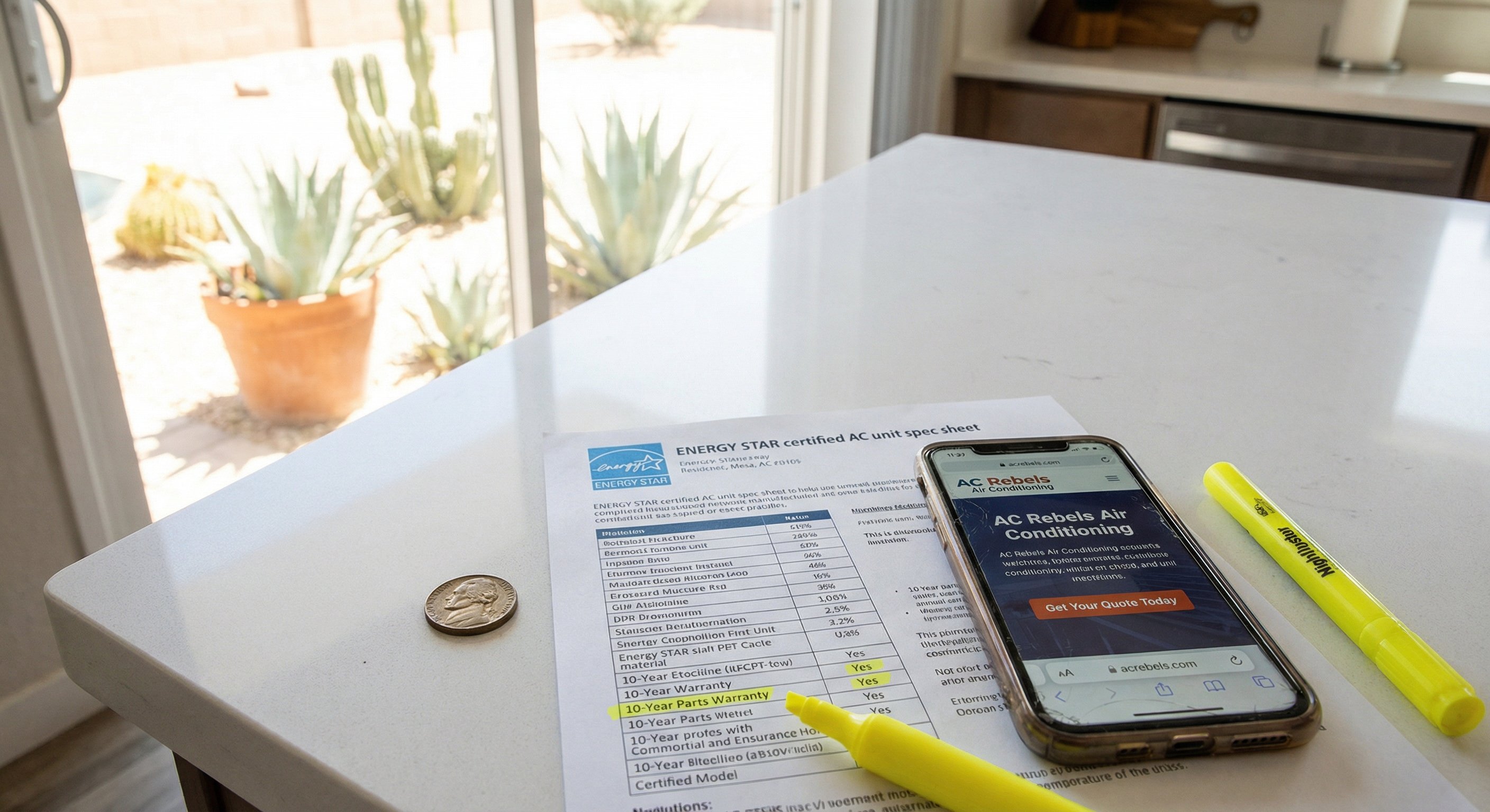 An overhead view of a Mesa kitchen counter with an AC unit spec sheet, a smartphone showing an online warranty registration, and a highlighter pen marking the warranty section