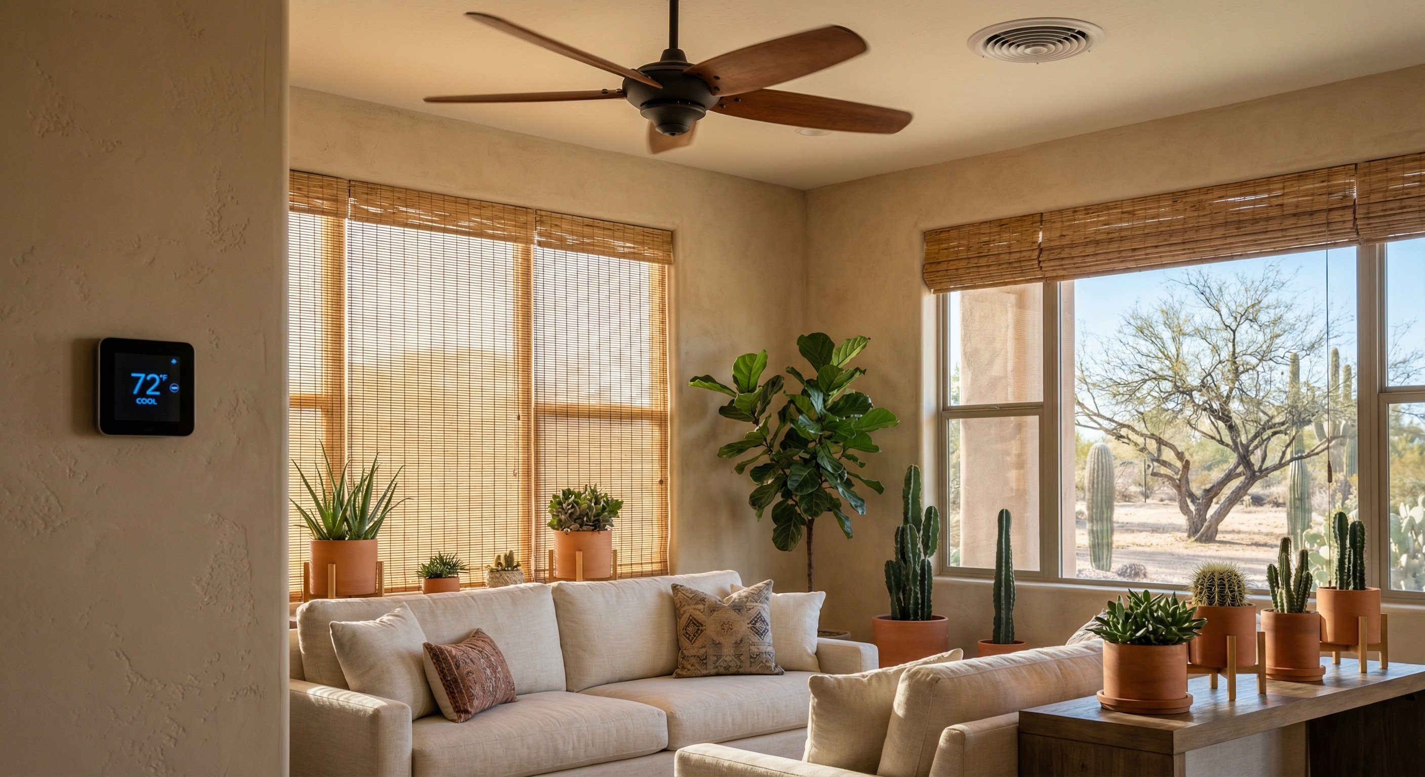 Modern Phoenix living room with smart thermostat showing comfort setting