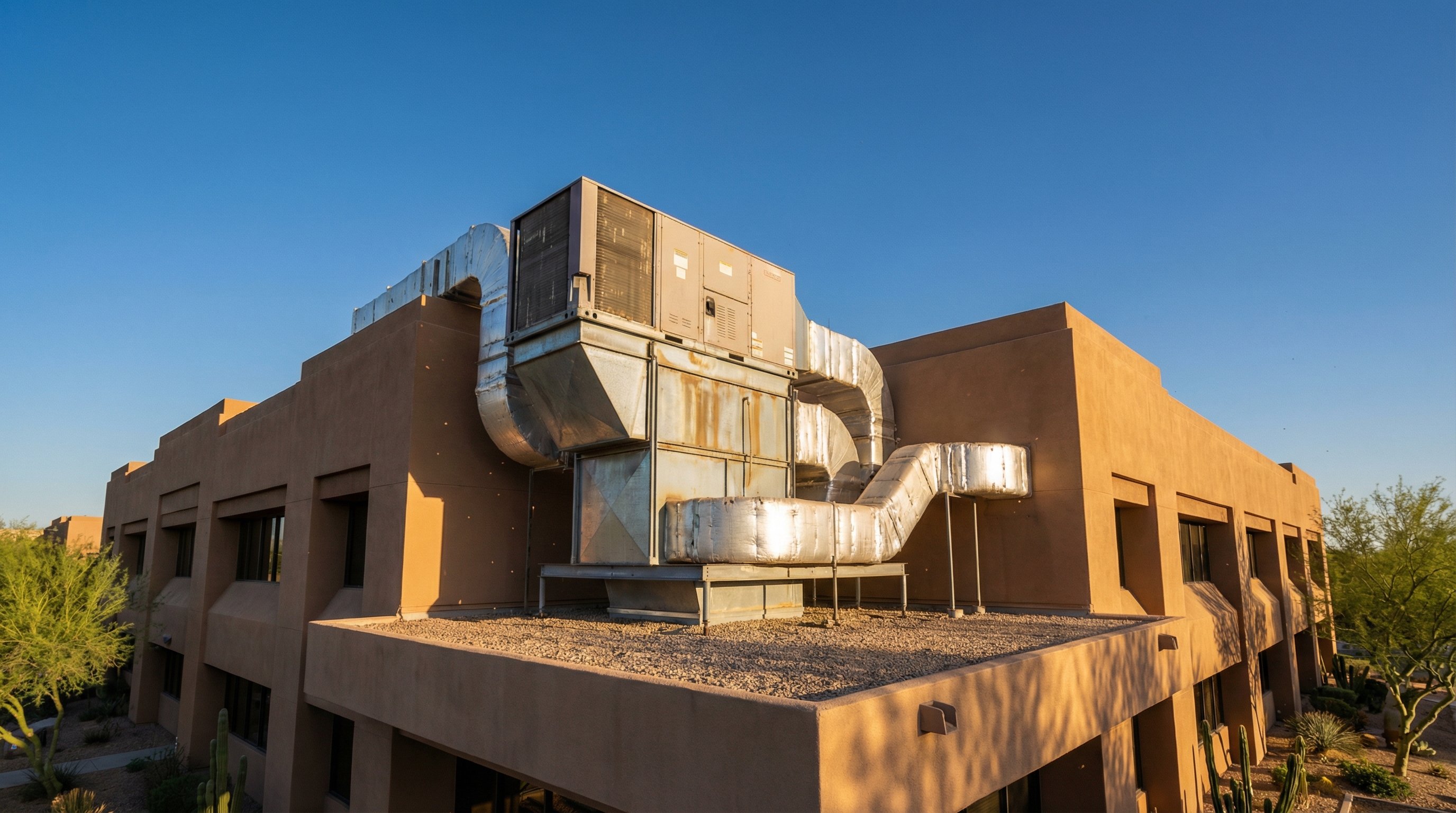 Rooftop HVAC package unit on a flat-roofed Arizona building, harsh afternoon sun, deep blue sky, wide-angle architectural shot