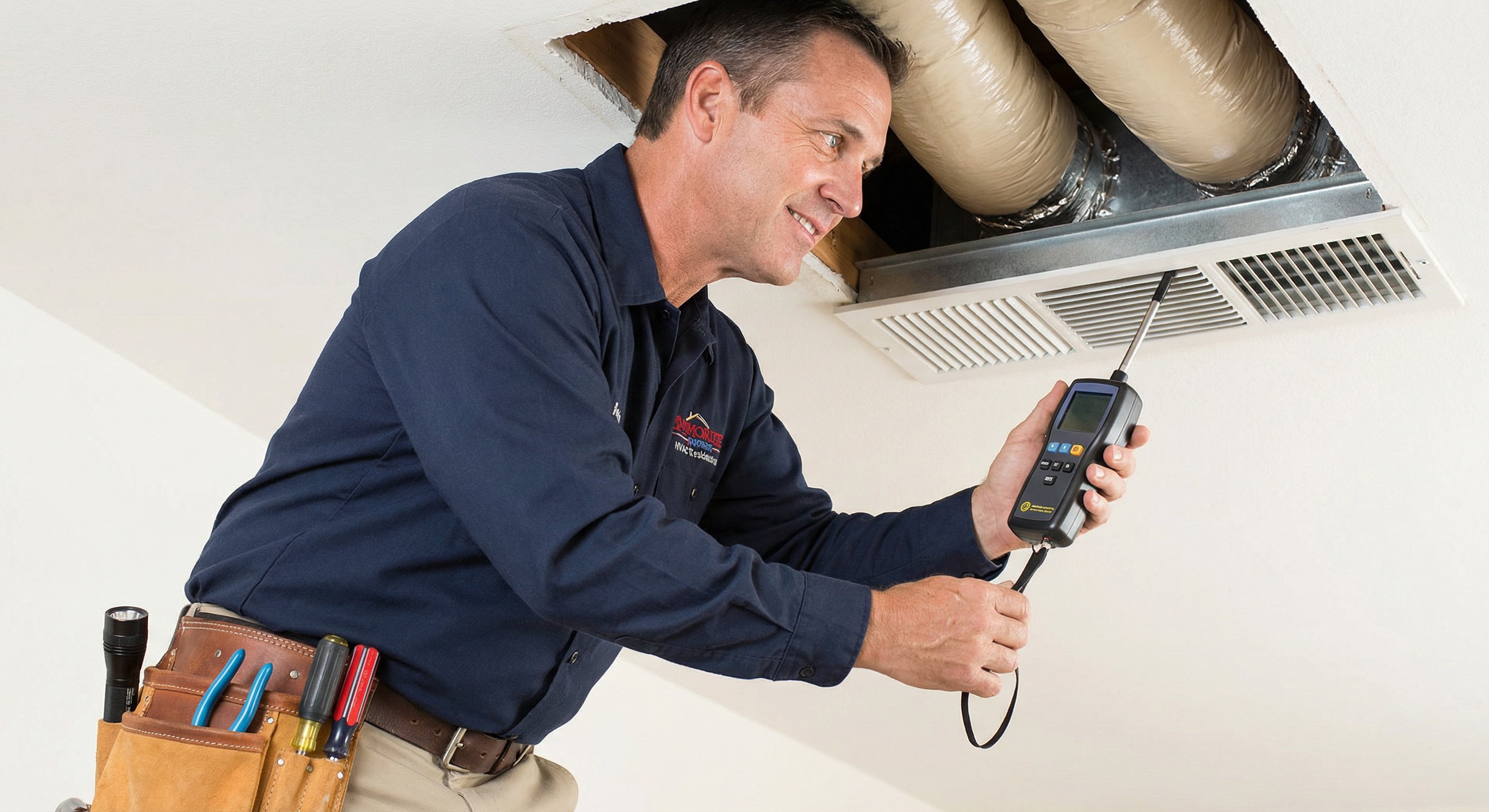 Professional HVAC technician measuring supply air velocity from a ceiling vent with a digital airflow meter in a Phoenix home