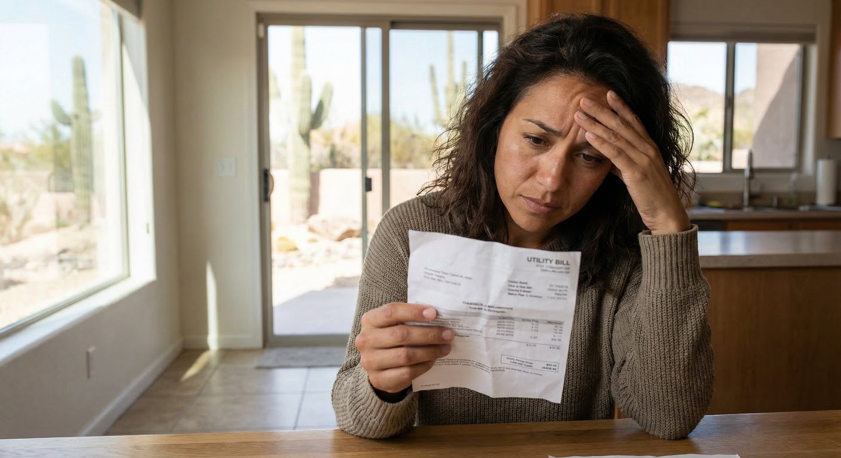 Worried homeowner examining high utility bill in Arizona kitchen