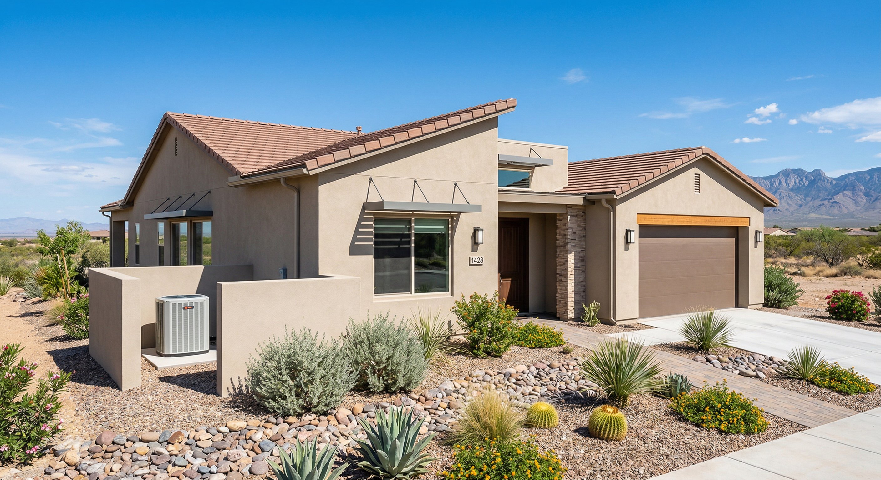 A single-story stucco home in Mesa, AZ with a modern AC condenser unit installed on the side of the house, desert landscaping with river rock and agave, bright Arizona afternoon sun, realistic editorial photography