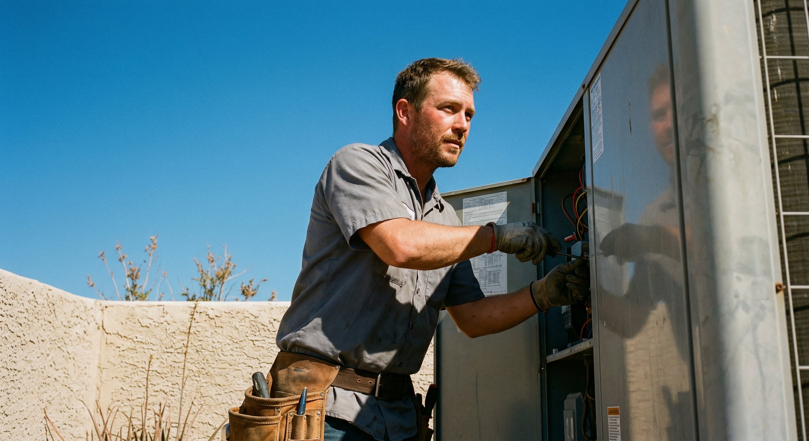 HVAC technician in a gray work shirt inspecting a rooftop package unit on a flat-roof Arizona home, bright afternoon desert sun, blue sky, stucco roofline visible, medium shot from low angle, realistic documentary photography