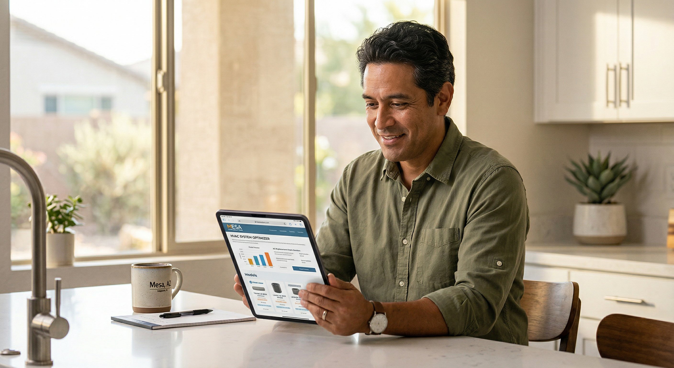 A Mesa homeowner in his early 40s reviewing a tablet showing AC unit options and pricing in a bright modern kitchen, warm afternoon light, relaxed expression, natural skin texture with slight stubble, catchlight in eyes, editorial lifestyle photography