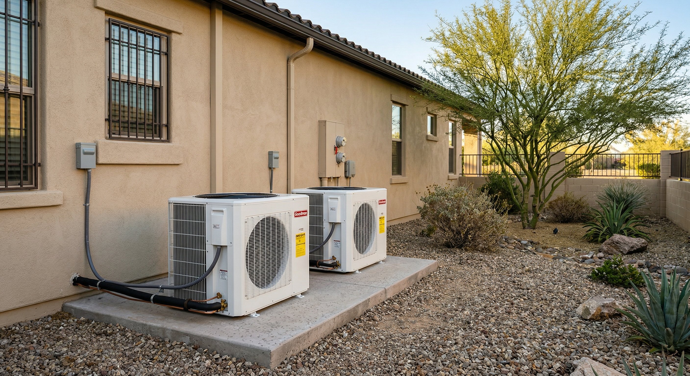 Two new white AC condenser units on a concrete pad beside a beige stucco Arizona home with desert landscaping, golden afternoon light