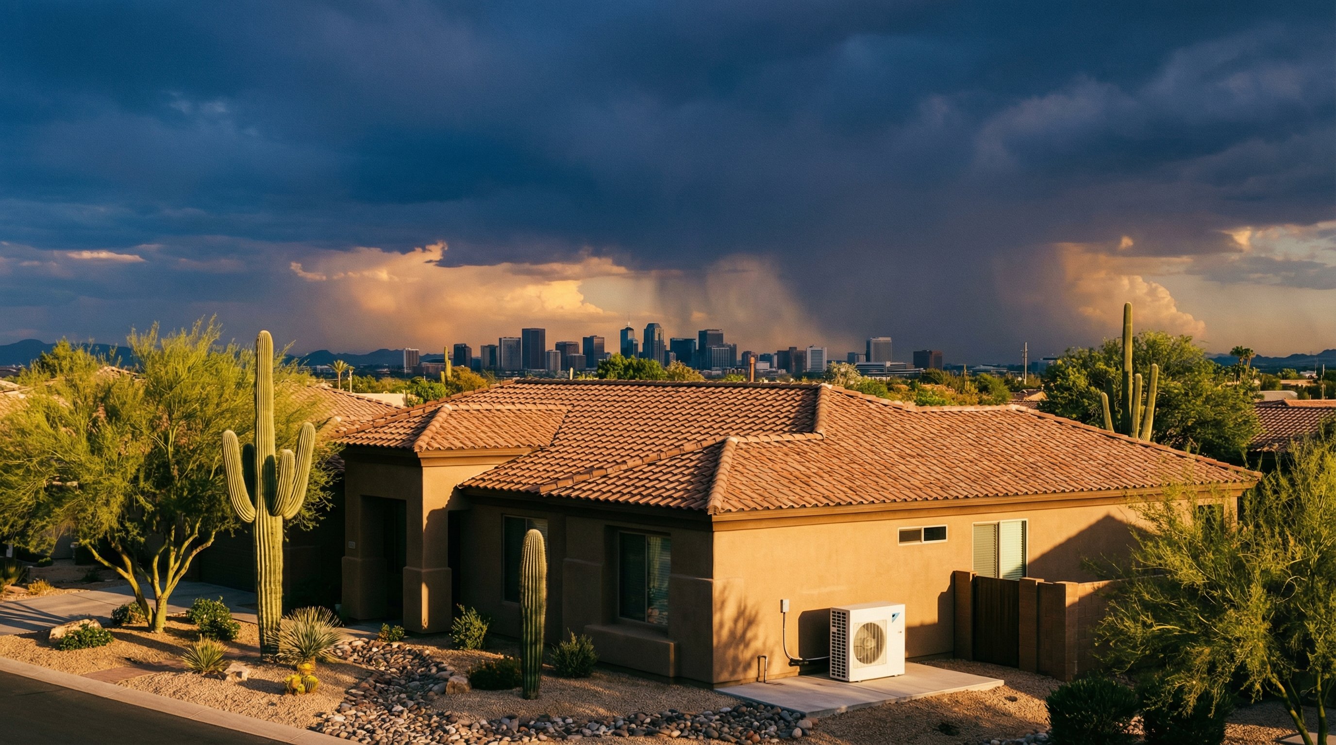 Phoenix skyline with monsoon storm clouds building over a stucco home with AC condensing unit in foreground