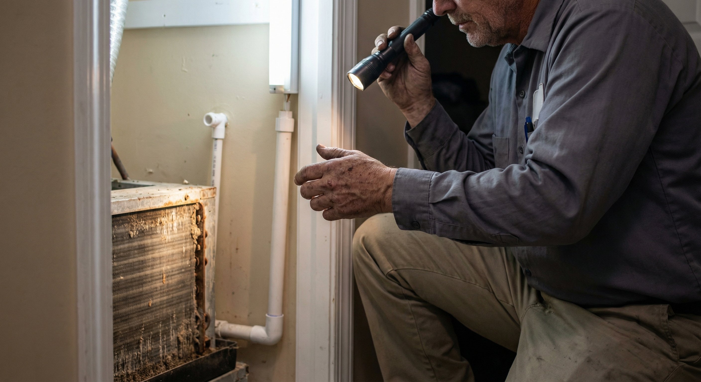 Licensed HVAC technician inspecting an evaporator coil inside a Phoenix home utility closet