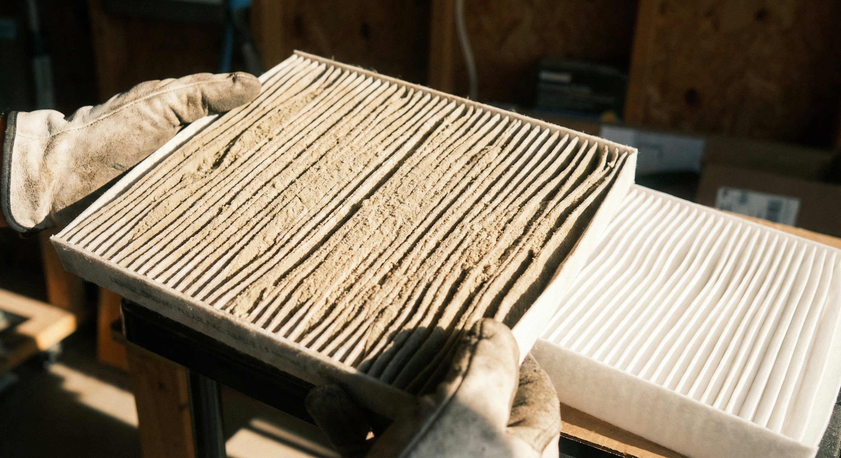 Dirty vs clean AC filter comparison showing clogged desert dust accumulation in Phoenix home