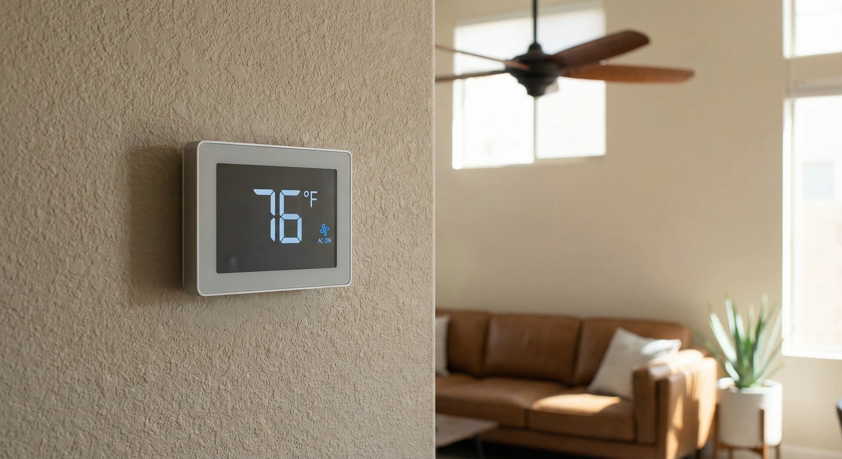 Smart thermostat showing AC running at 76 degrees in a Phoenix living room with ceiling fan