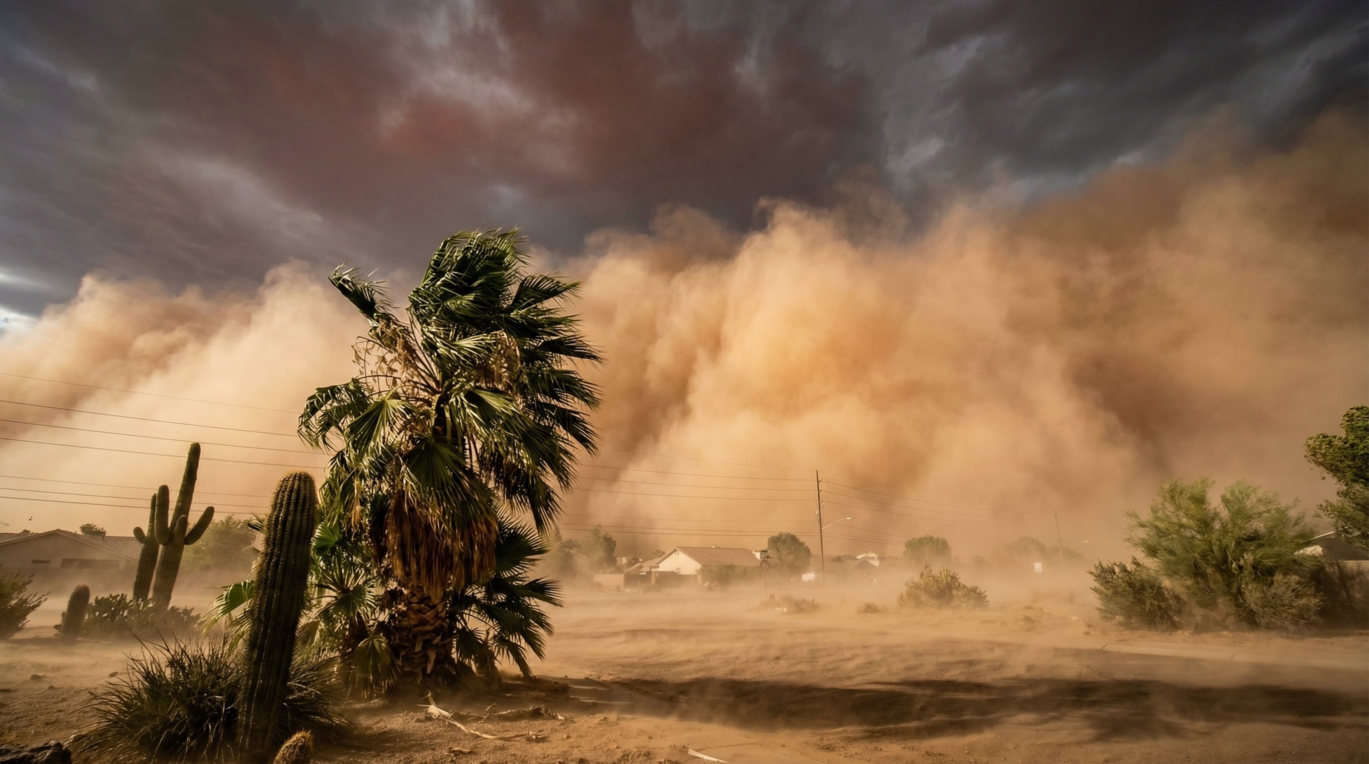 Monsoon dust storm sweeping across a Phoenix neighborhood, palm tree bending in haboob winds
