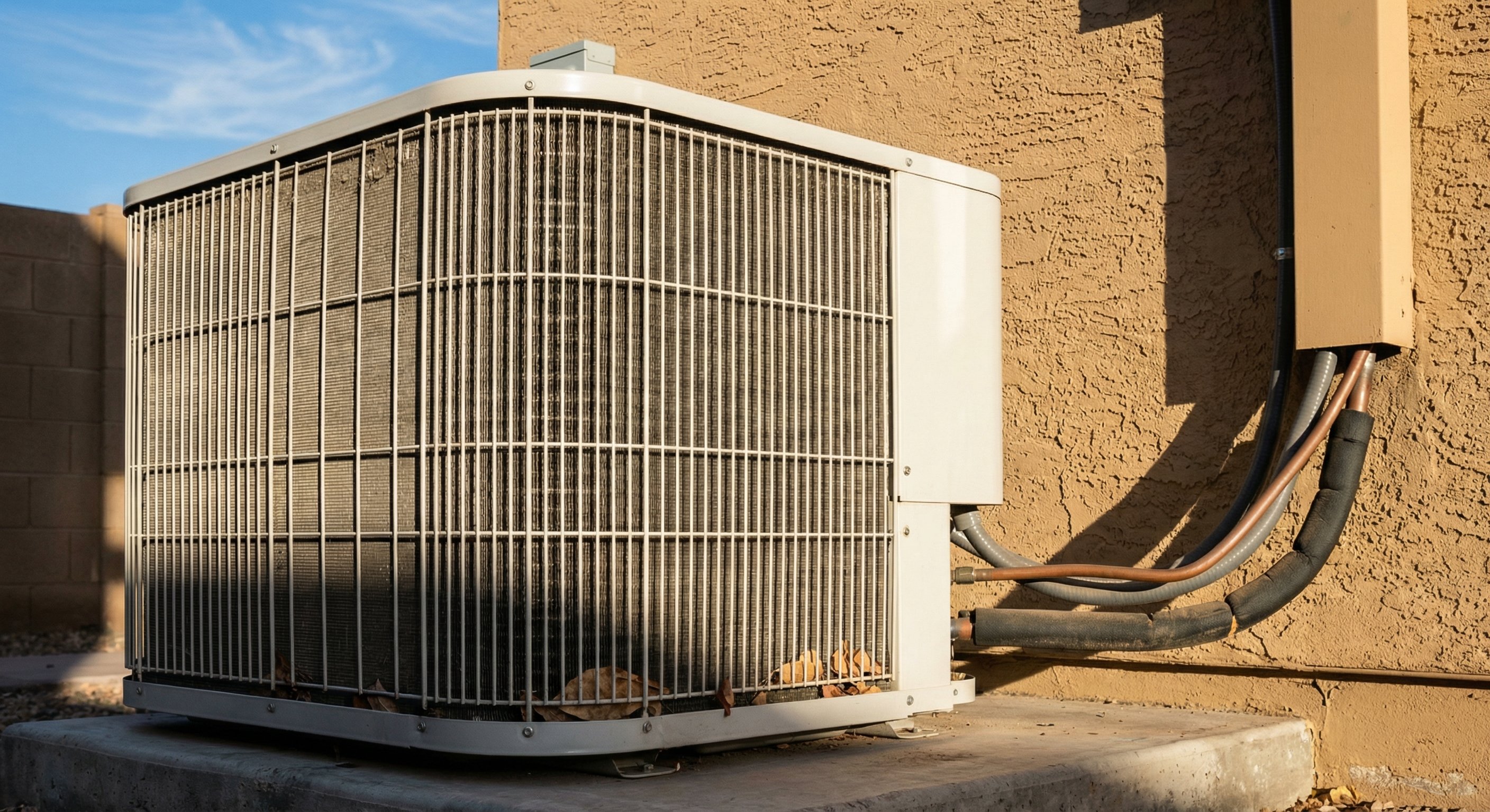 Close-up of a modern HVAC condenser unit on a concrete pad next to a stucco wall with blue Arizona sky