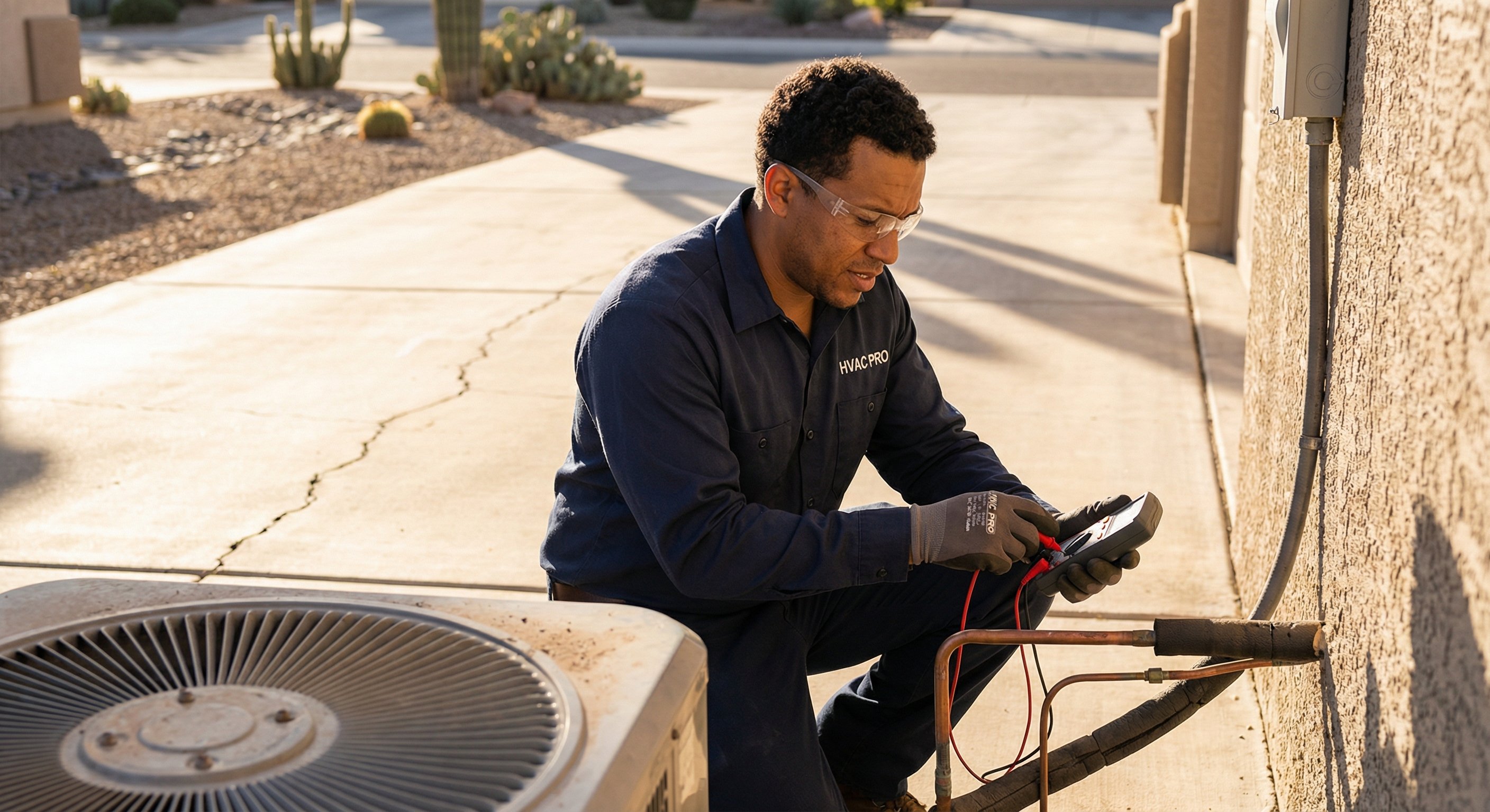 HVAC technician removing an old AC condenser from a side yard installation in an Arizona neighborhood