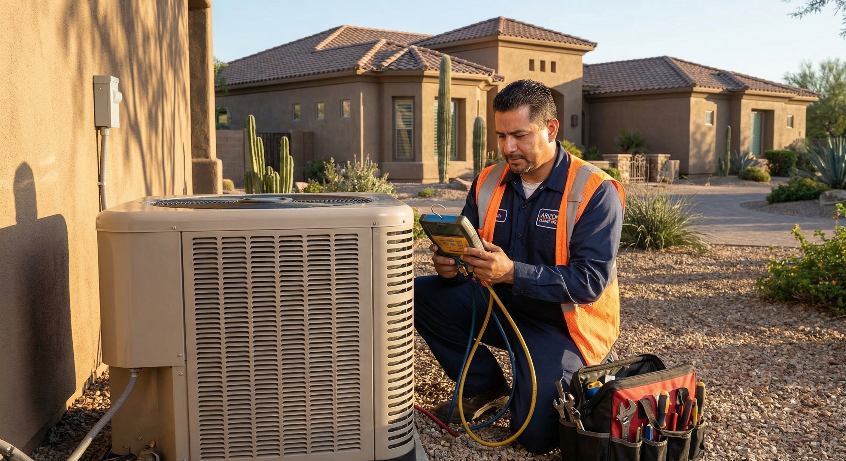 Large custom home with desert landscaping and side-yard HVAC equipment
