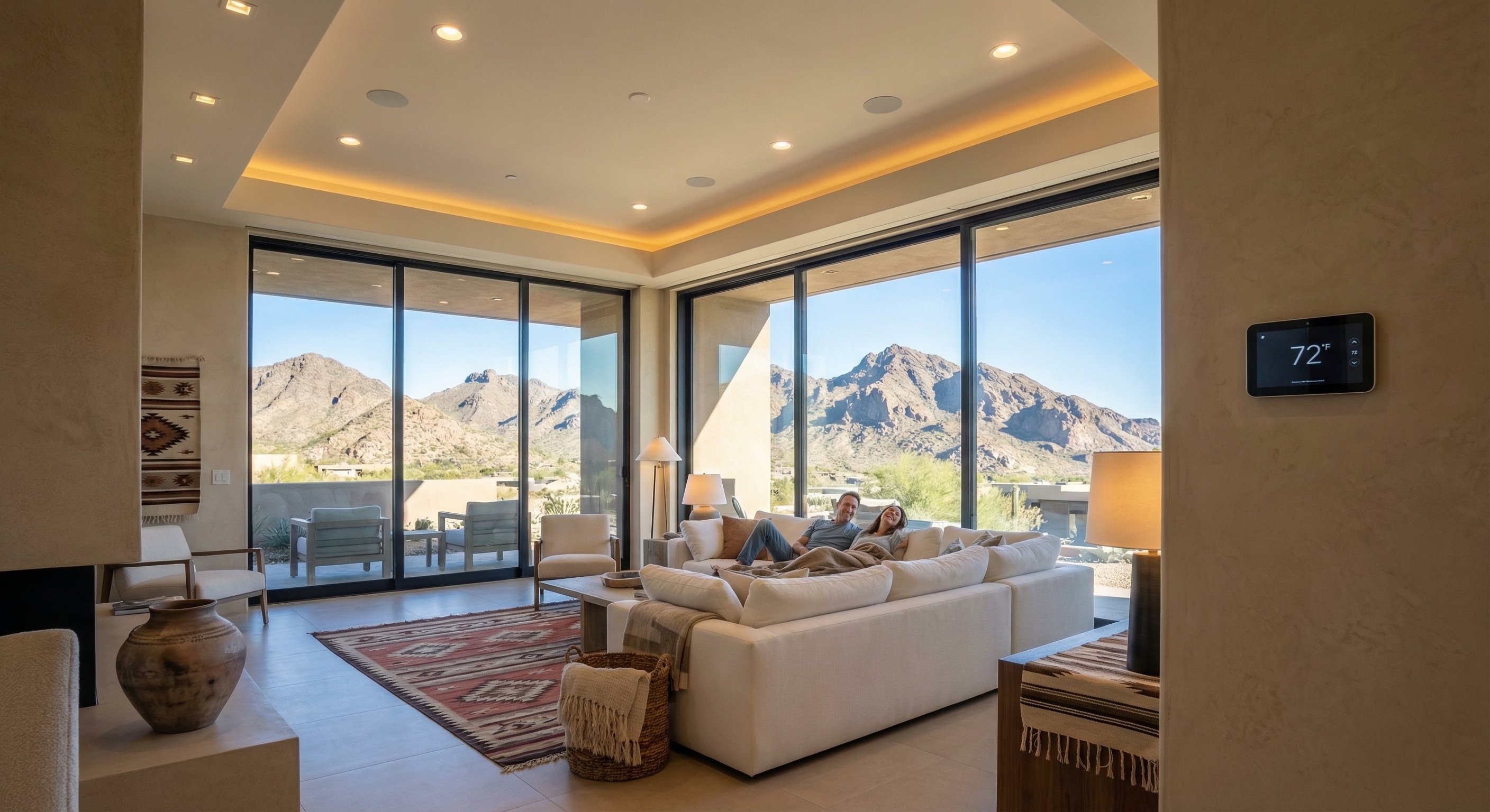 Modern interior with thermostat set for cooling during Arizona heat