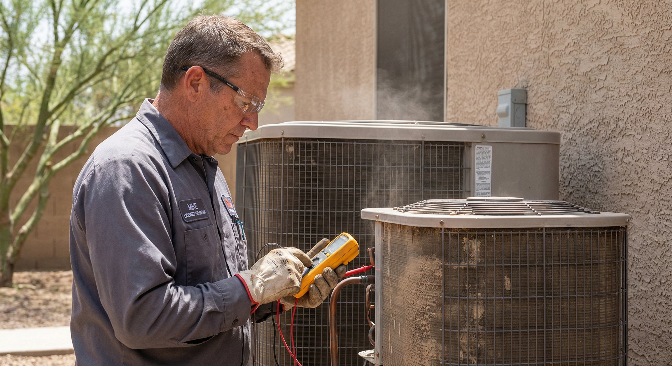 HVAC technician inspecting an outdoor AC condenser unit in Arizona heat