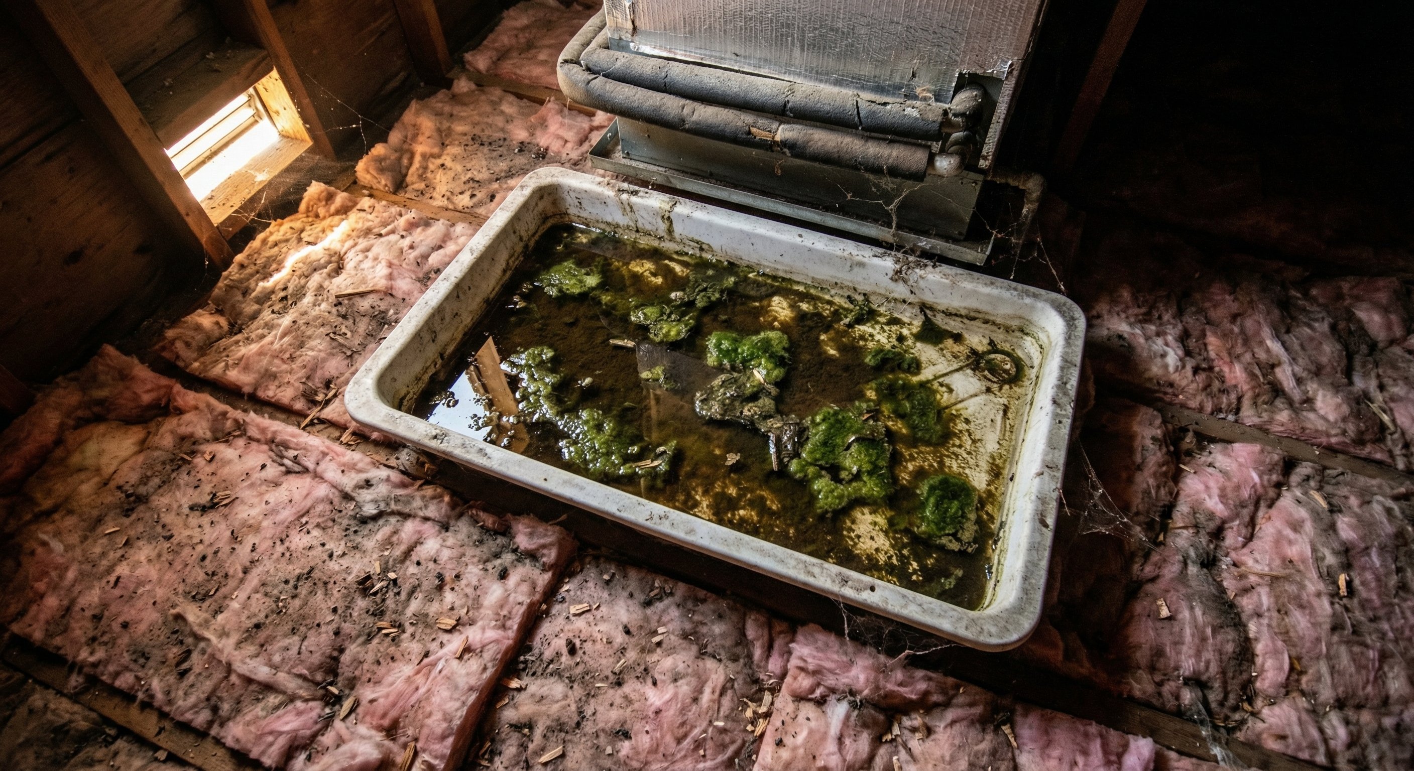 Clogged AC drain pan with algae buildup in a Phoenix home attic