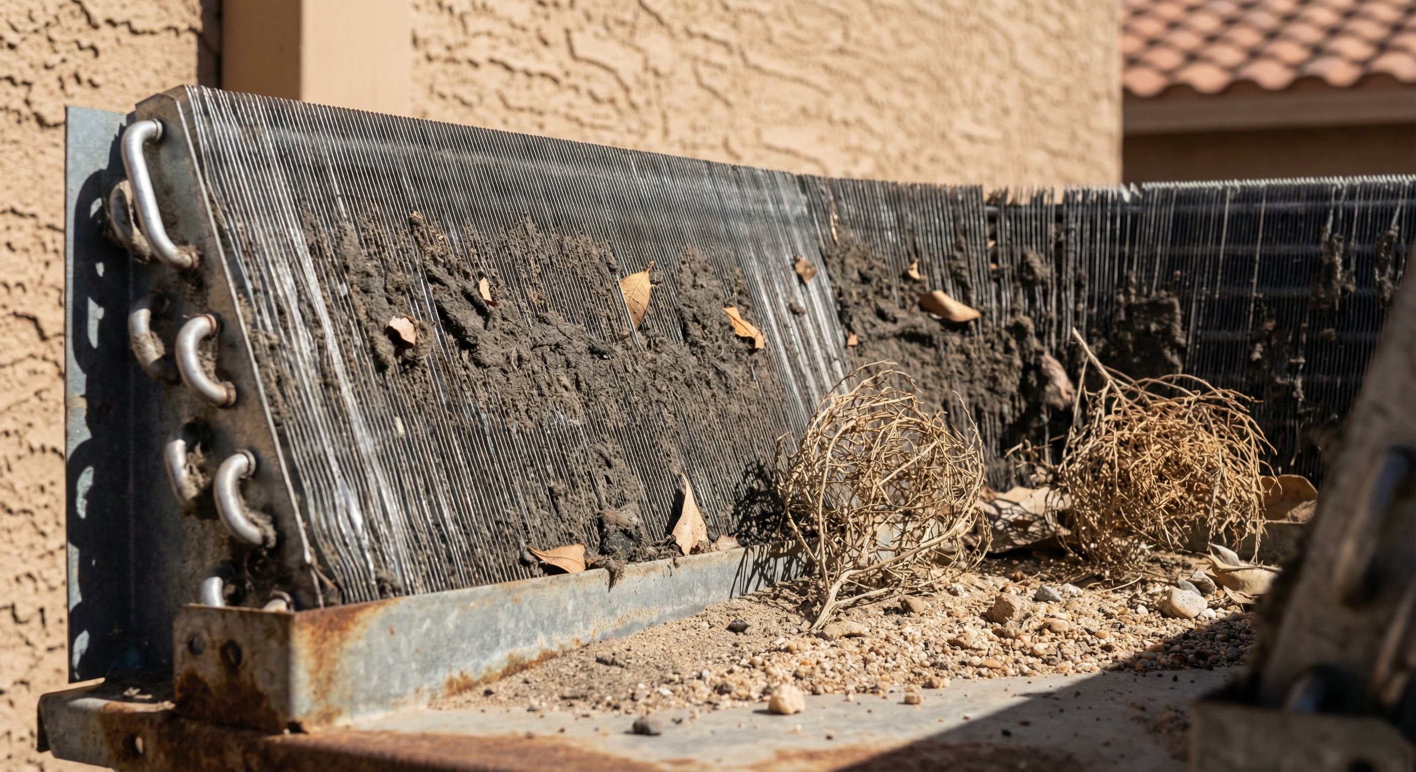 Dirty condenser coil covered in desert dust and debris on a Phoenix stucco home exterior