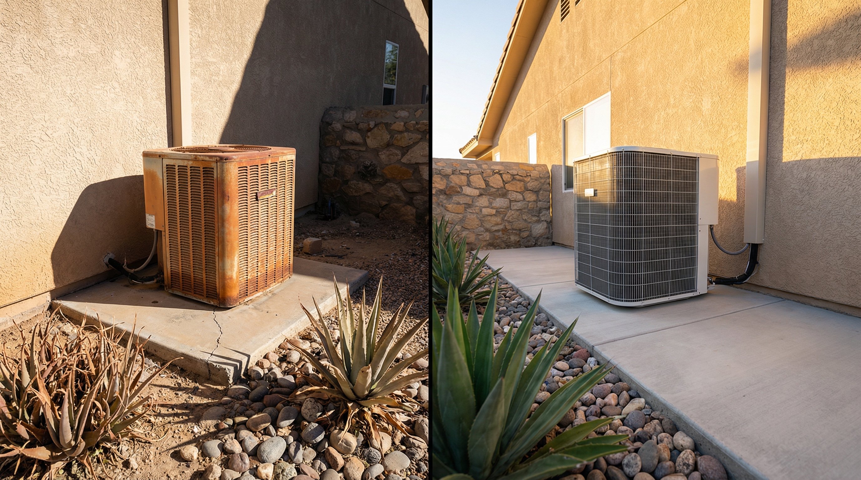 Side-by-side comparison of old rusted AC condenser unit next to a brand new clean modern condenser unit at two identical stucco homes in Arizona desert landscape