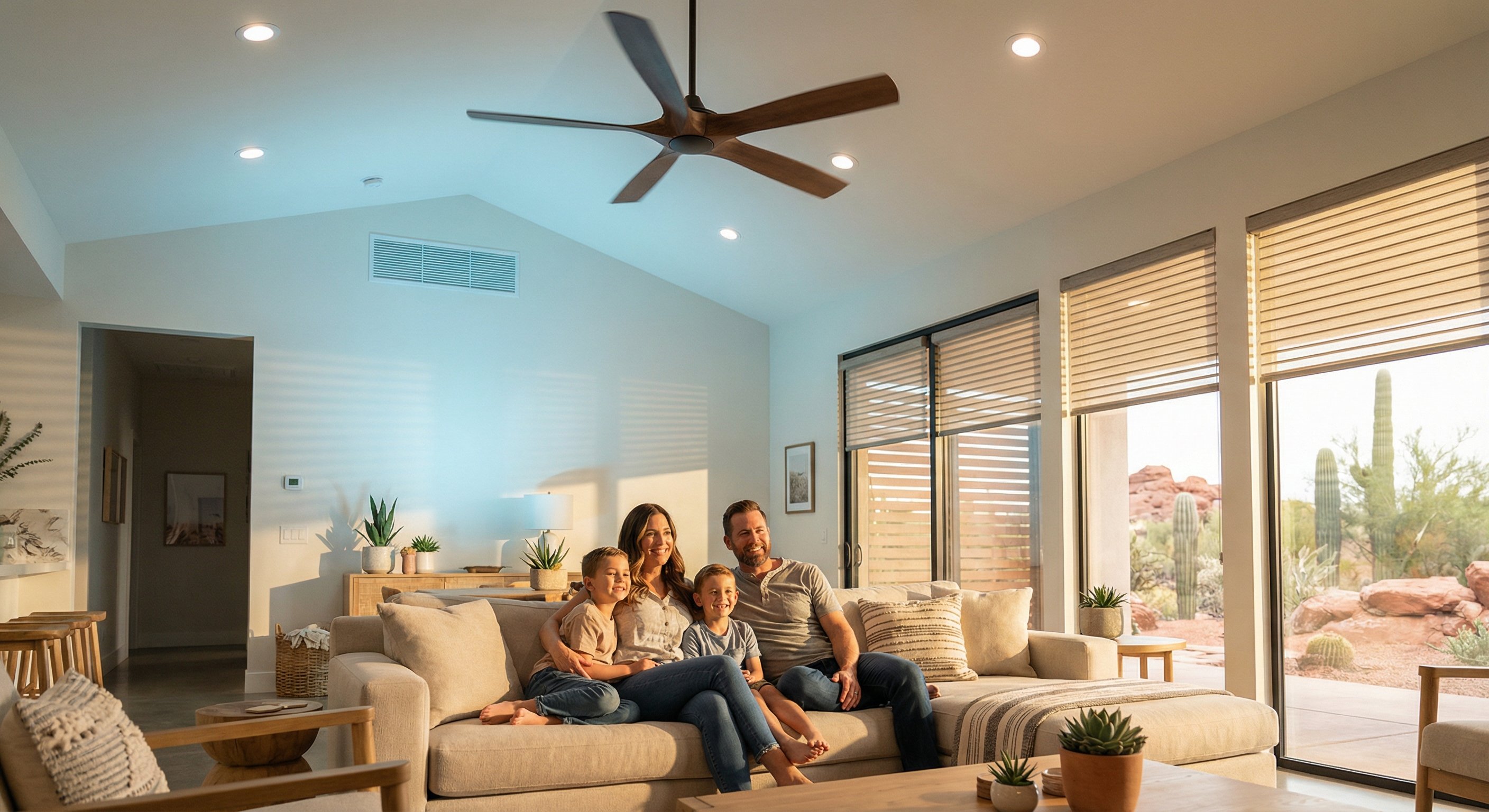 Family of four relaxing on a comfortable sofa in a modern air-conditioned living room with ceiling fan spinning, warm afternoon light visible through the windows