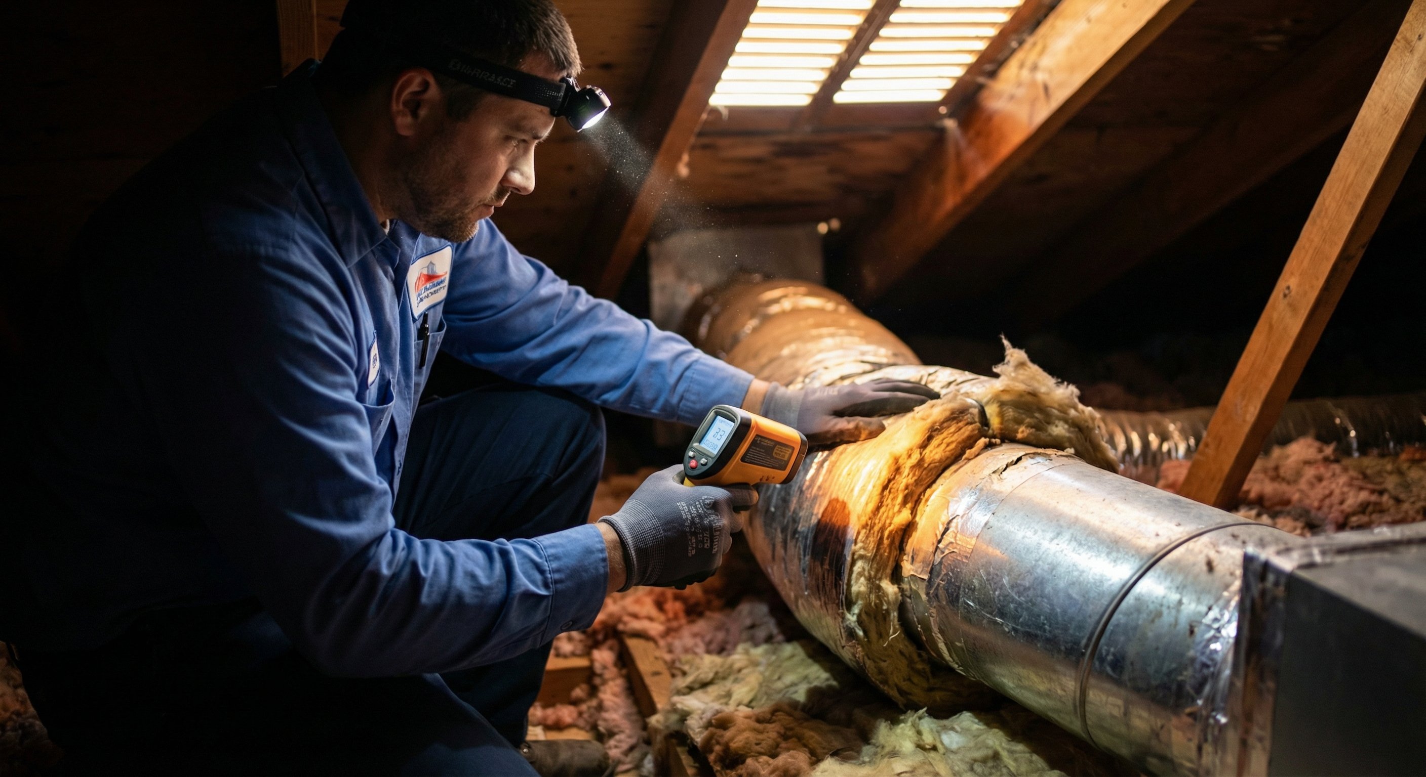 HVAC technician inspecting ductwork connections in an attic