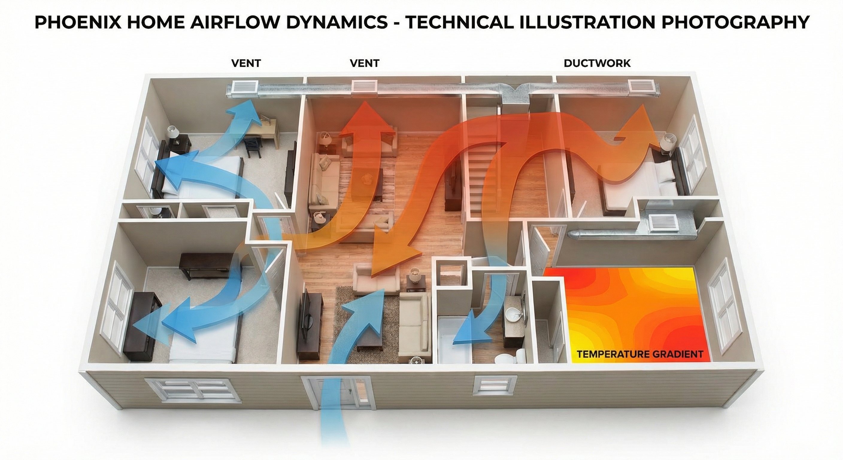 Diagram showing airflow and heat distribution in a two-story Phoenix home