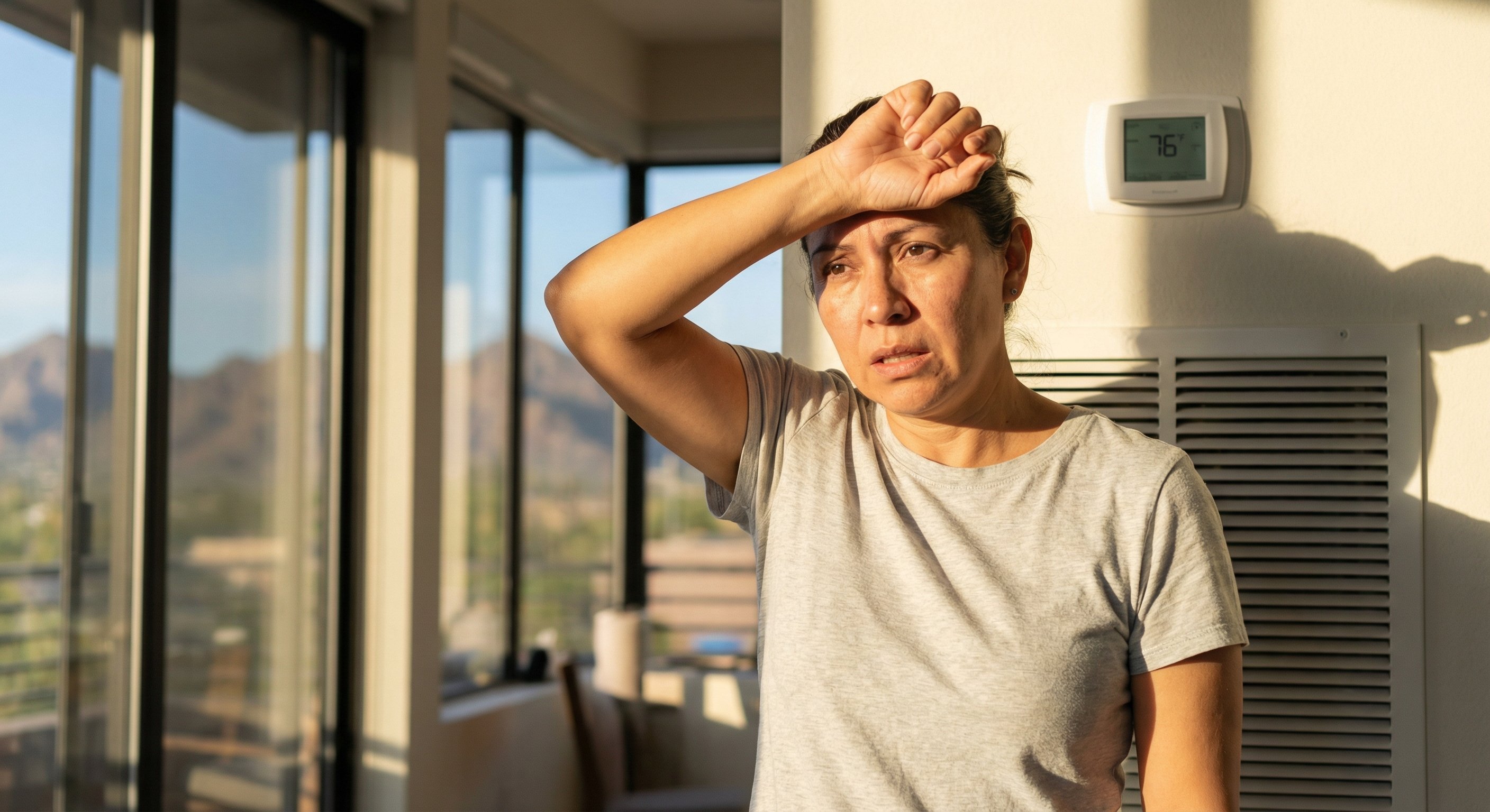 Homeowner in a Phoenix living room checking thermostat despite feeling warm air