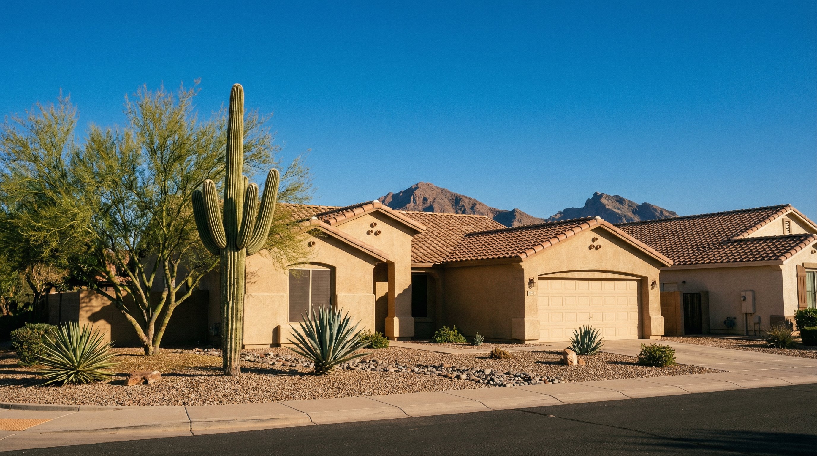 Phoenix stucco home in a suburban neighborhood with desert landscaping and no AC unit on exterior walls