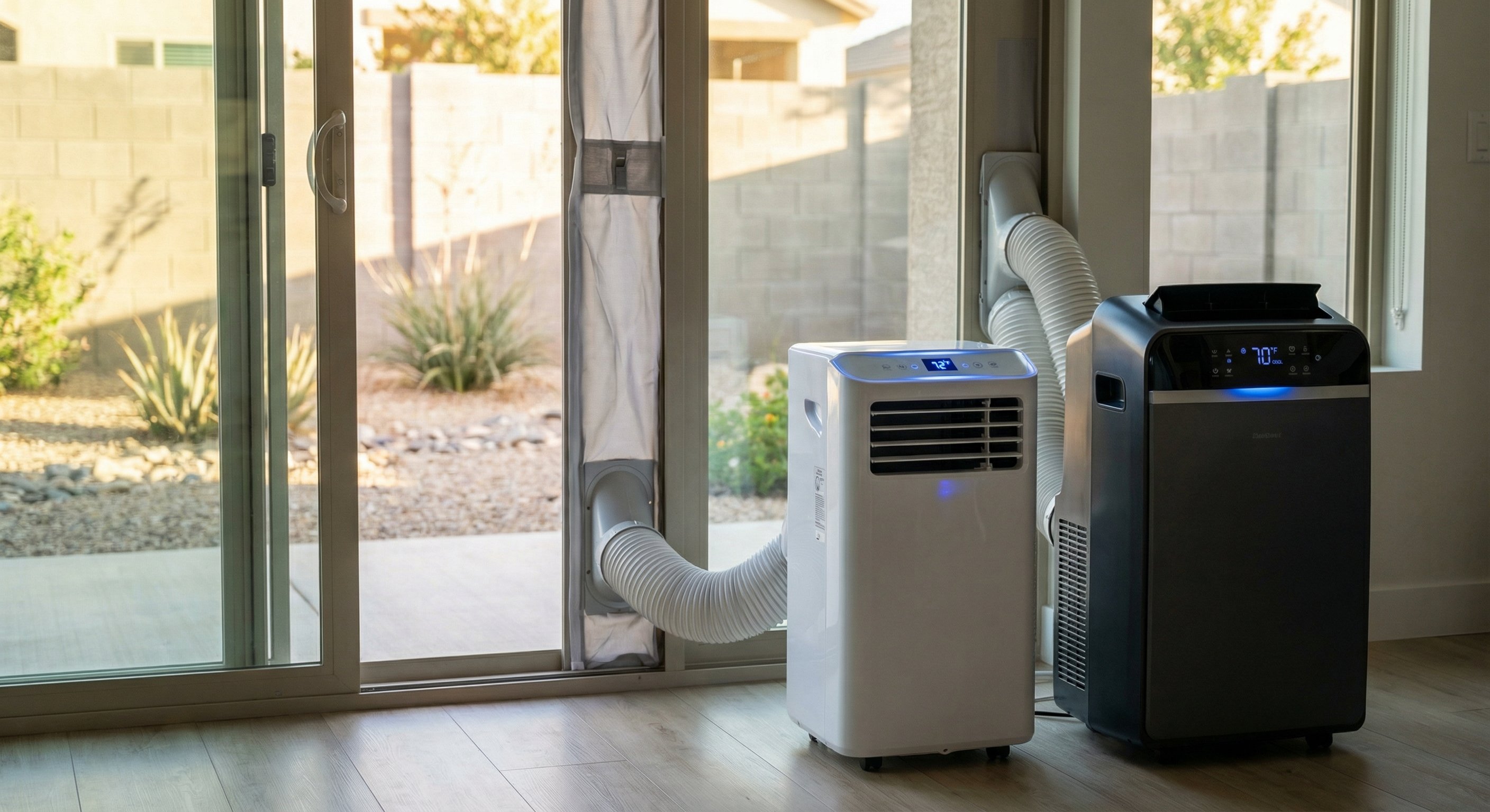 Two portable AC models side by side in a Phoenix living room with desert backyard visible through sliding glass doors