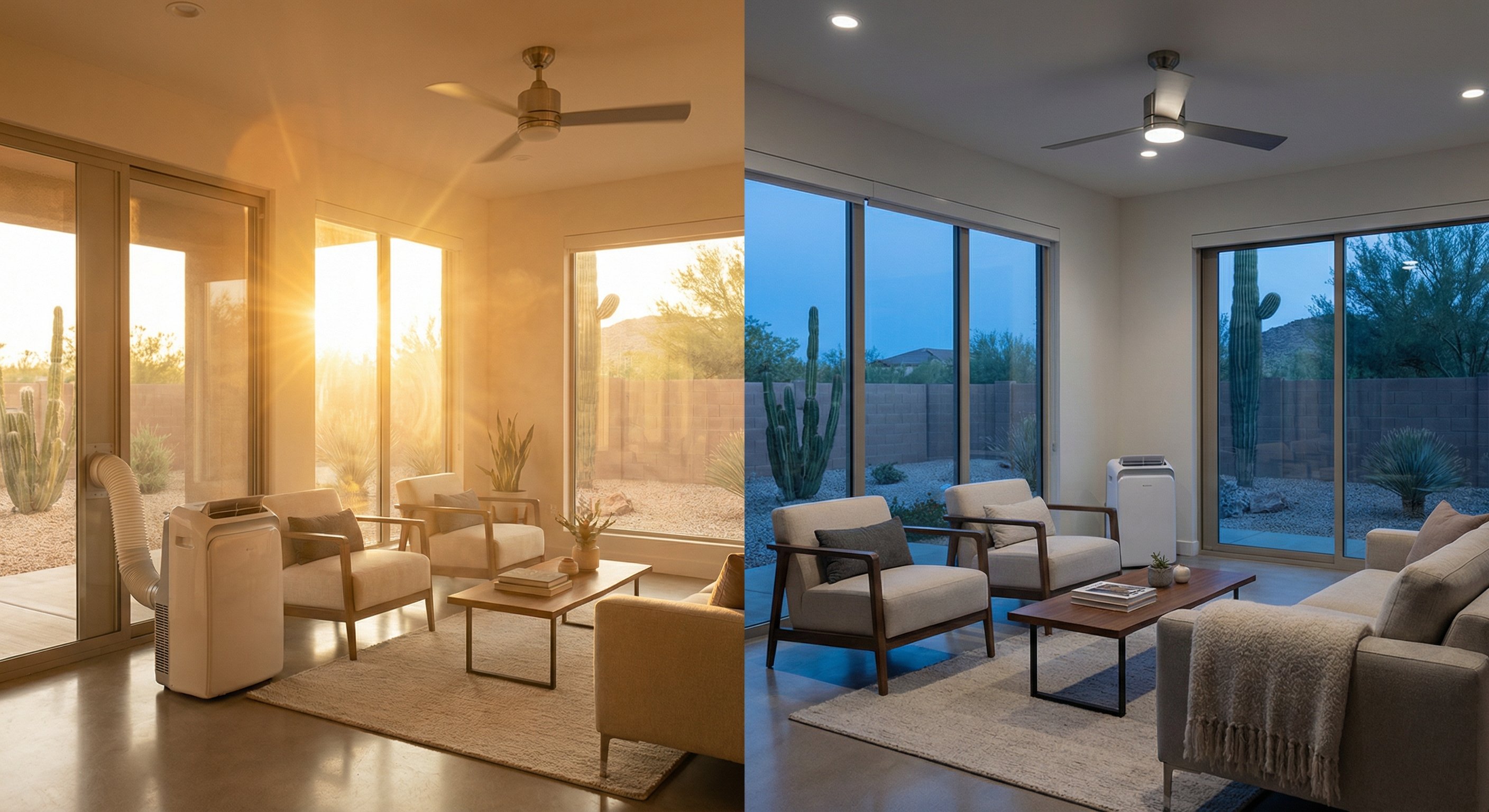Split-screen showing a Phoenix living room during peak afternoon heat versus evening after the sun sets, illustrating how portable AC struggles in peak Phoenix summer heat