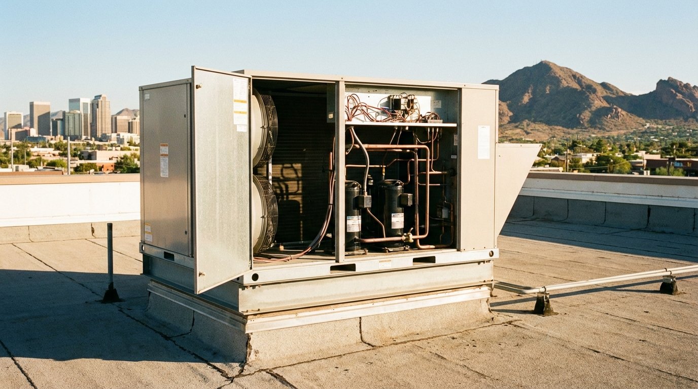 Rooftop AC package unit with access panel open