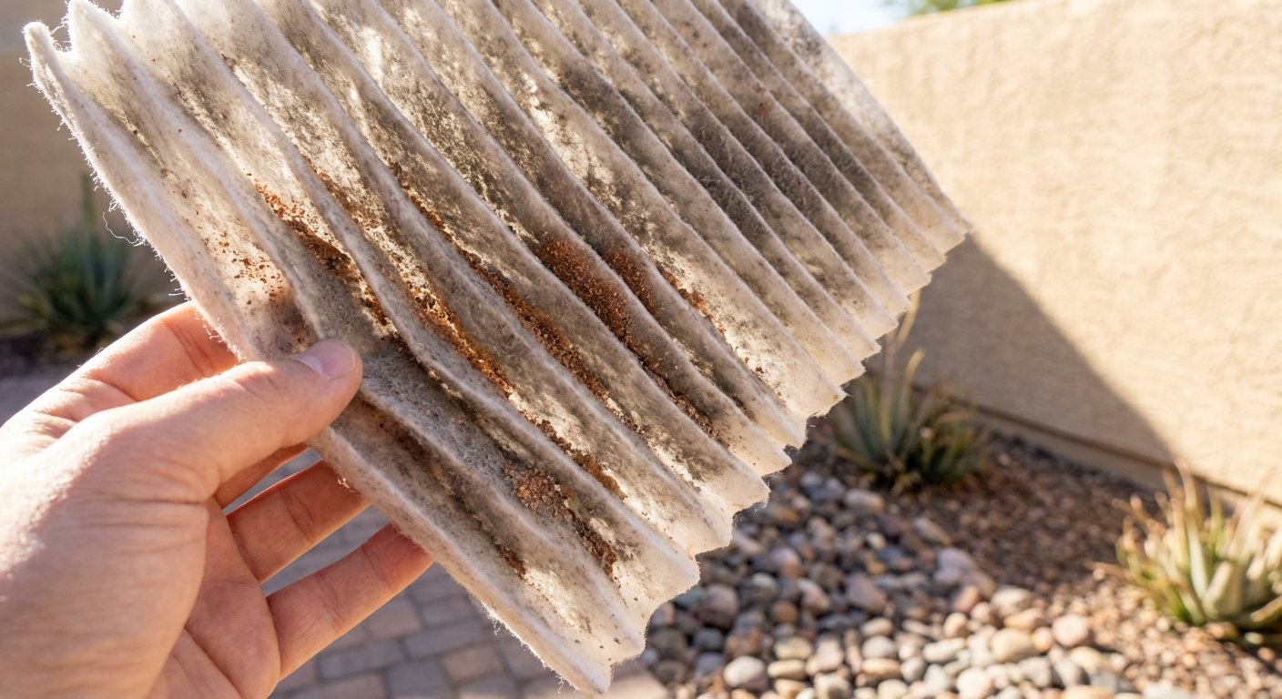 Dirty HVAC air filter showing trapped dust and desert sand