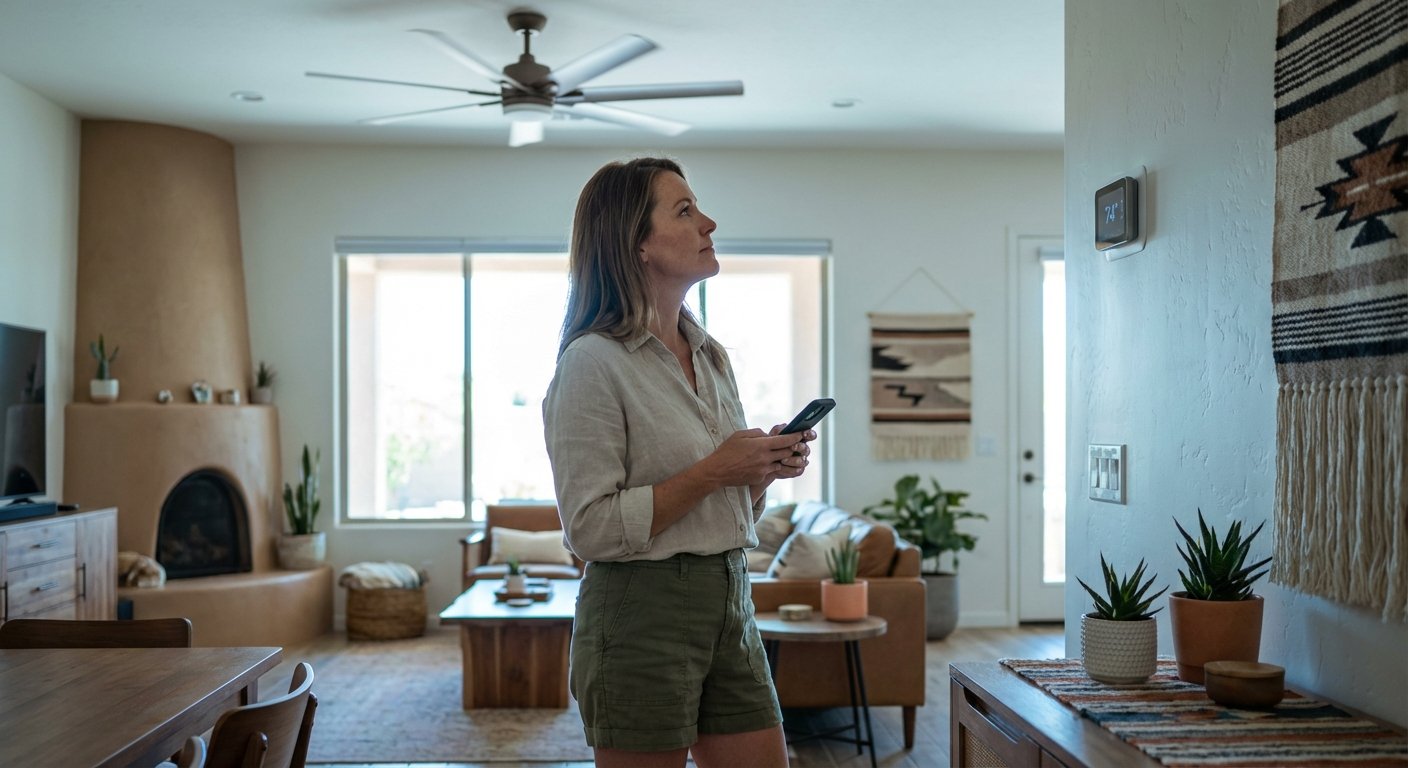 Phoenix homeowner checking thermostat in a comfortable living room