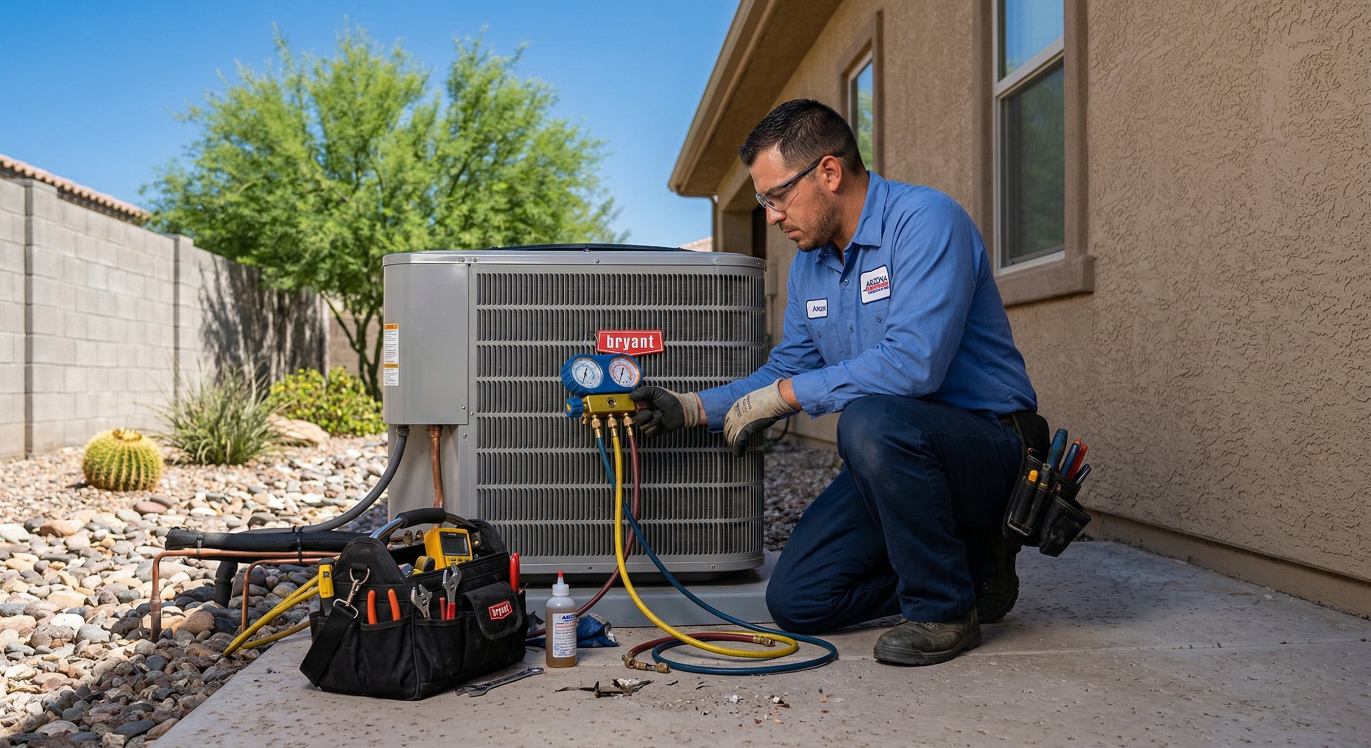 HVAC technician in blue uniform inspecting an outdoor condenser unit on a concrete pad beside a tan Arizona stucco home, tools laid out, mid-morning desert sun