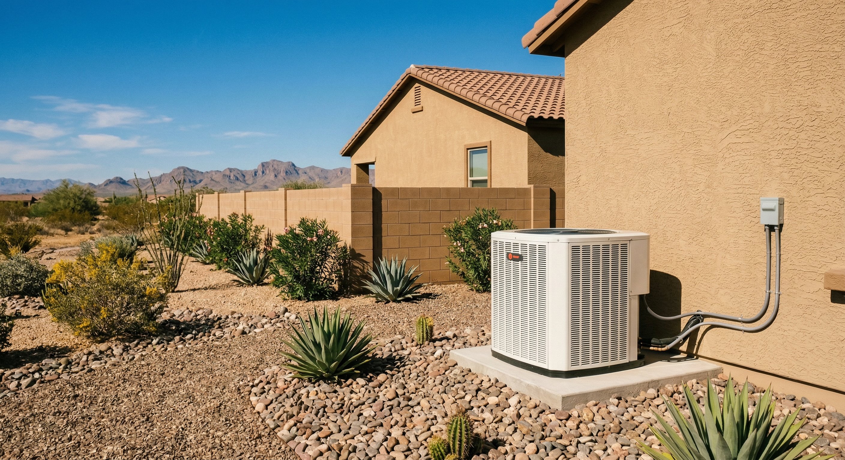New modern HVAC condenser unit installed on concrete pad on side of tan Arizona stucco home with desert landscaping, clean installation, deep blue sky