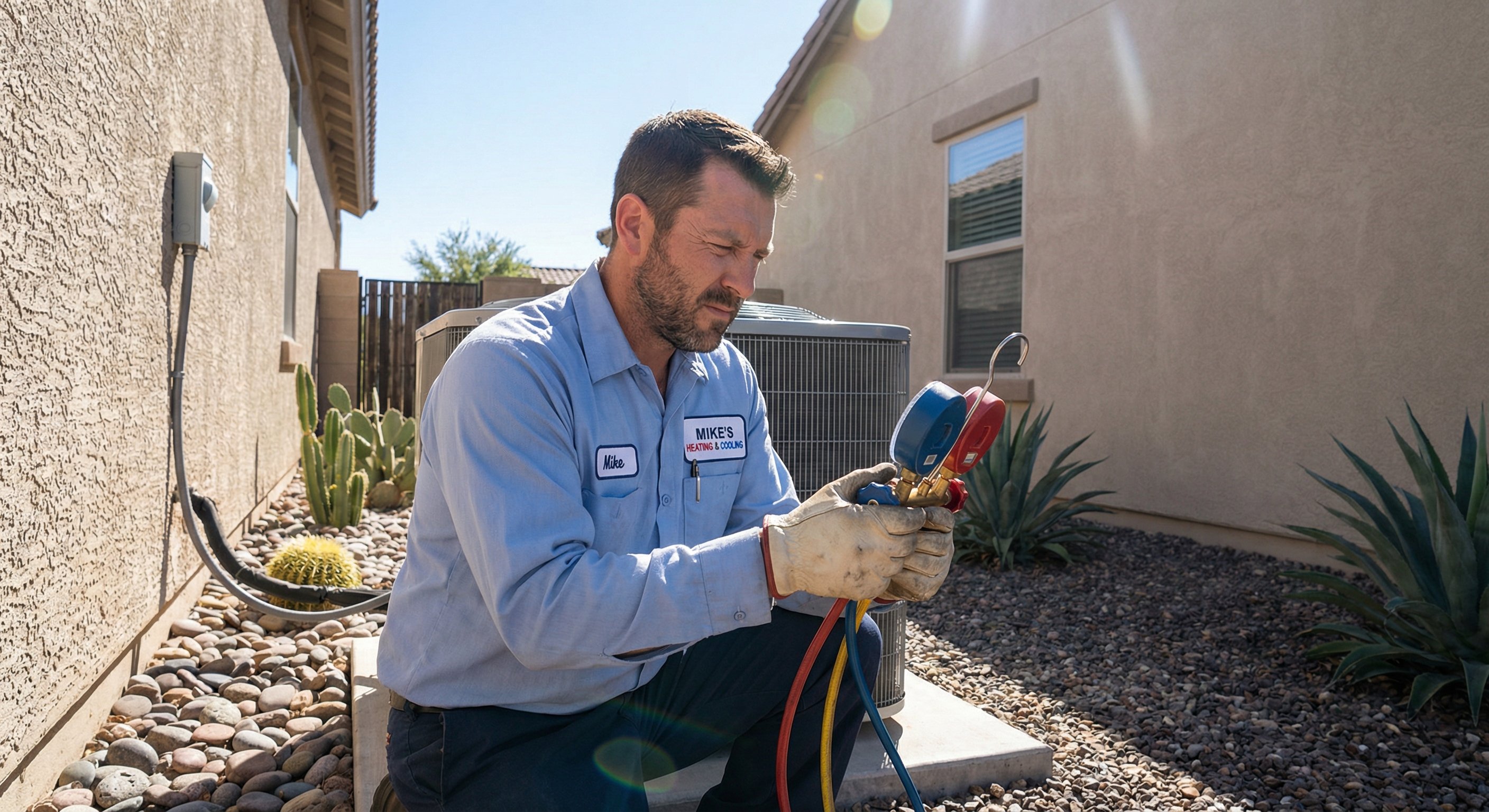 HVAC technician checking refrigerant manifold gauge on a Scottsdale condensing unit, Arizona desert landscaping in background