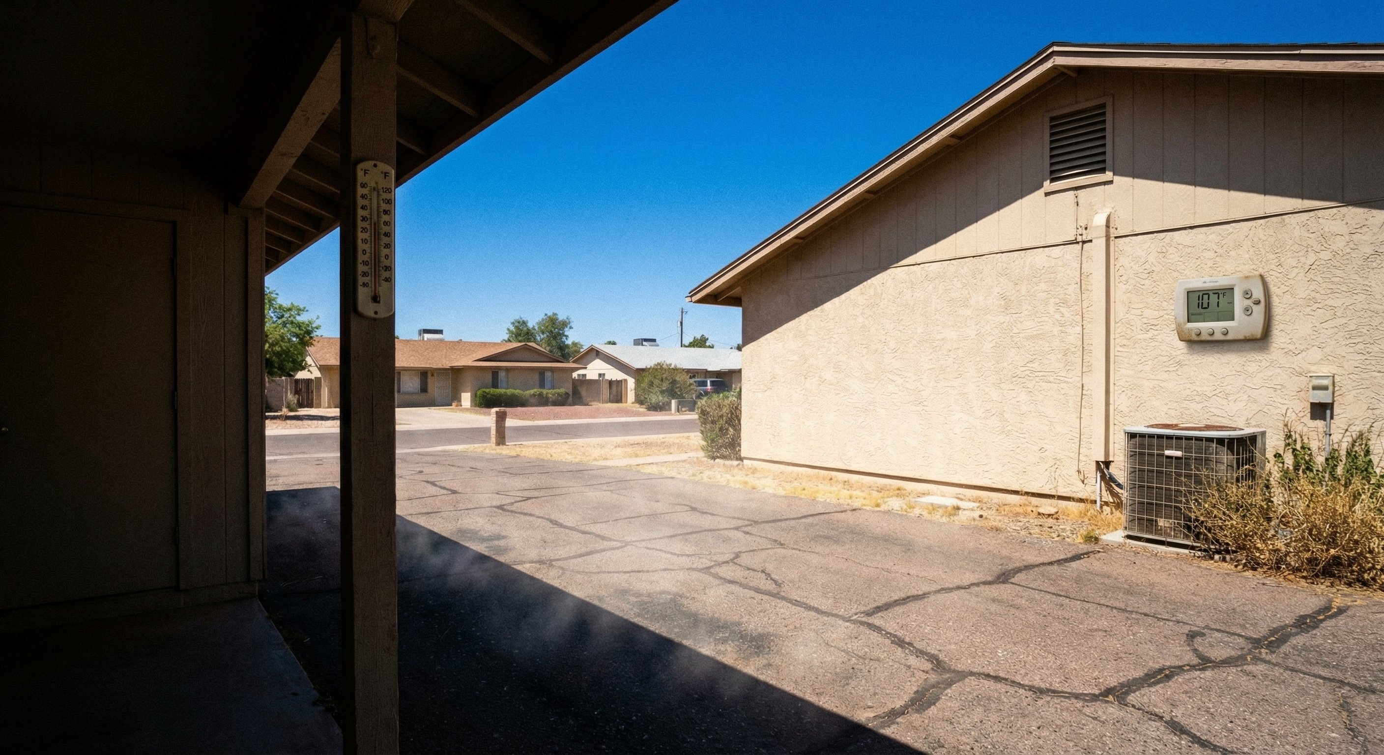 Heat shimmer rising from a sun-baked driveway in Mesa Arizona with digital thermostat showing 107F on exterior wall