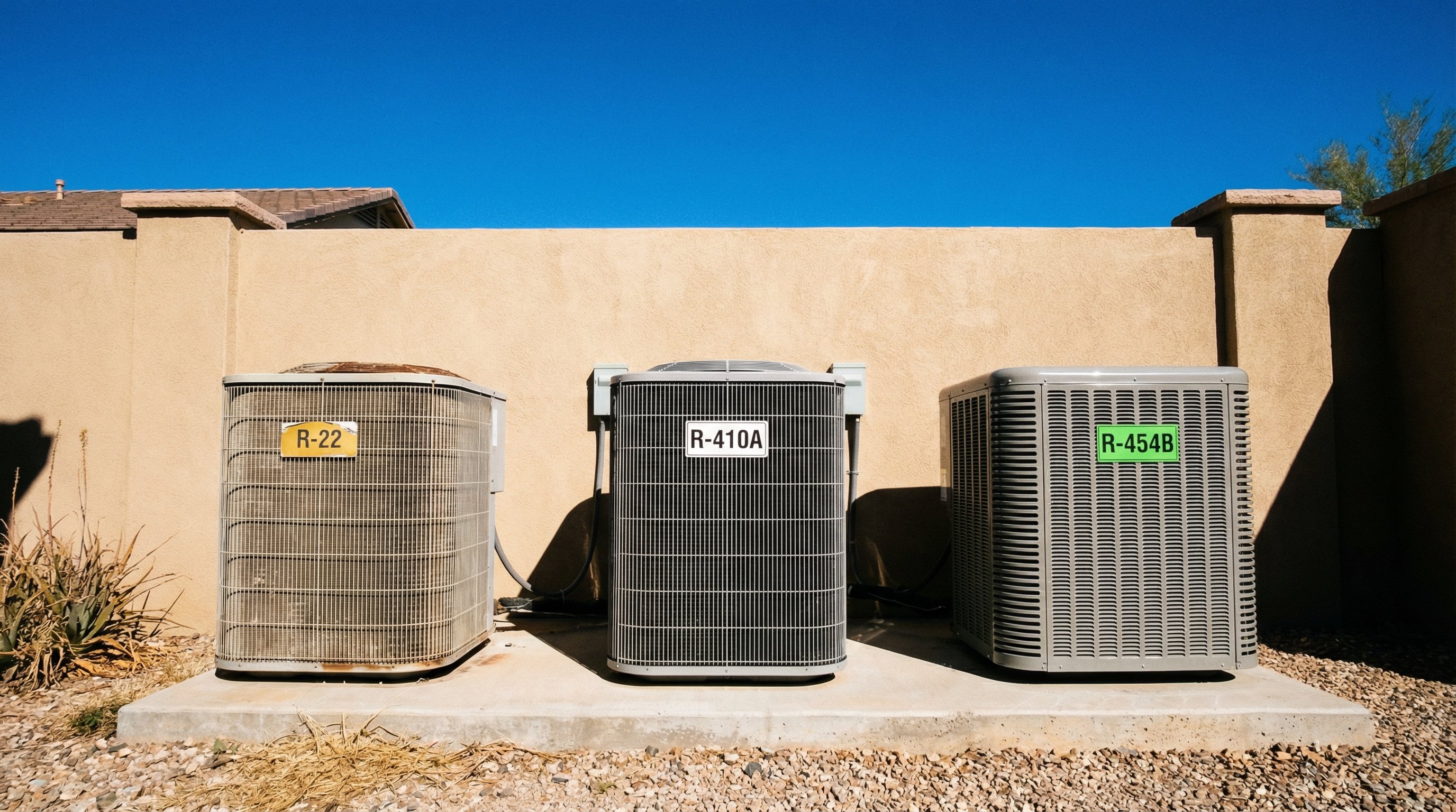 Three AC condensing units showing R-22, R-410A, and R-454B refrigerants side by side in a Phoenix side yard