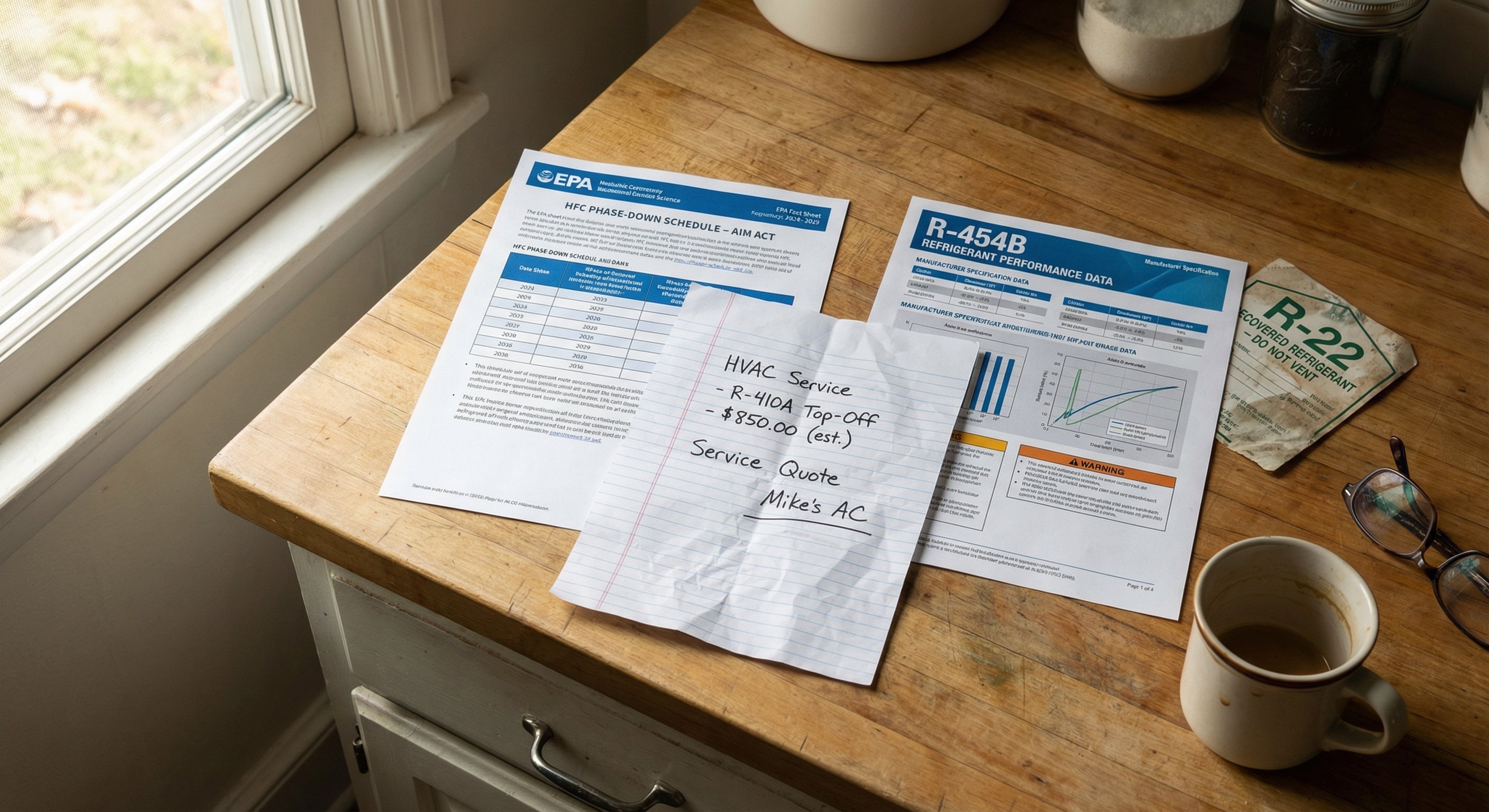 Flat-lay of EPA phase-down documents, R-22 recharge quotes, and R-454B specification sheets on a Phoenix kitchen counter