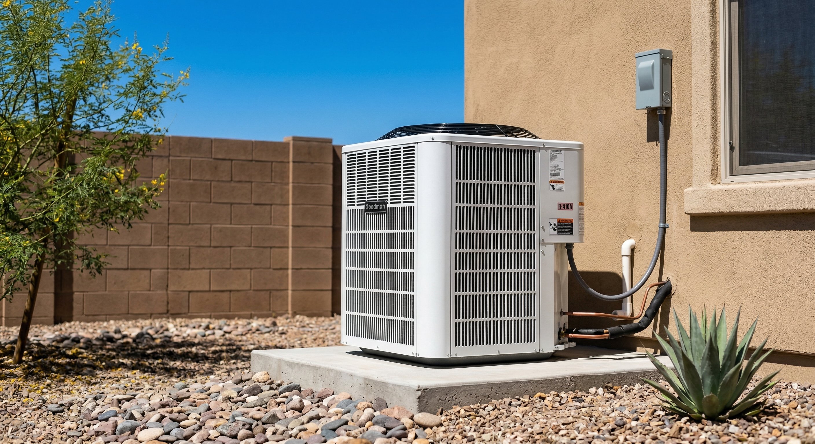 High-efficiency AC condenser unit installed on concrete pad next to tan stucco home with desert landscaping