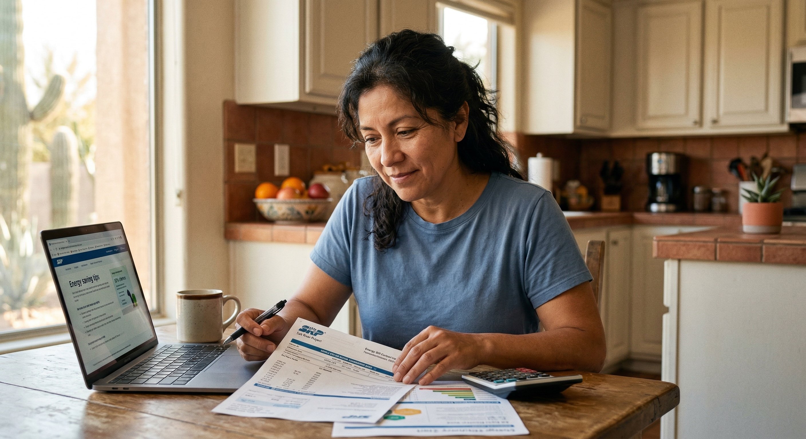 Arizona homeowner at kitchen table reviewing utility bill and energy efficiency paperwork