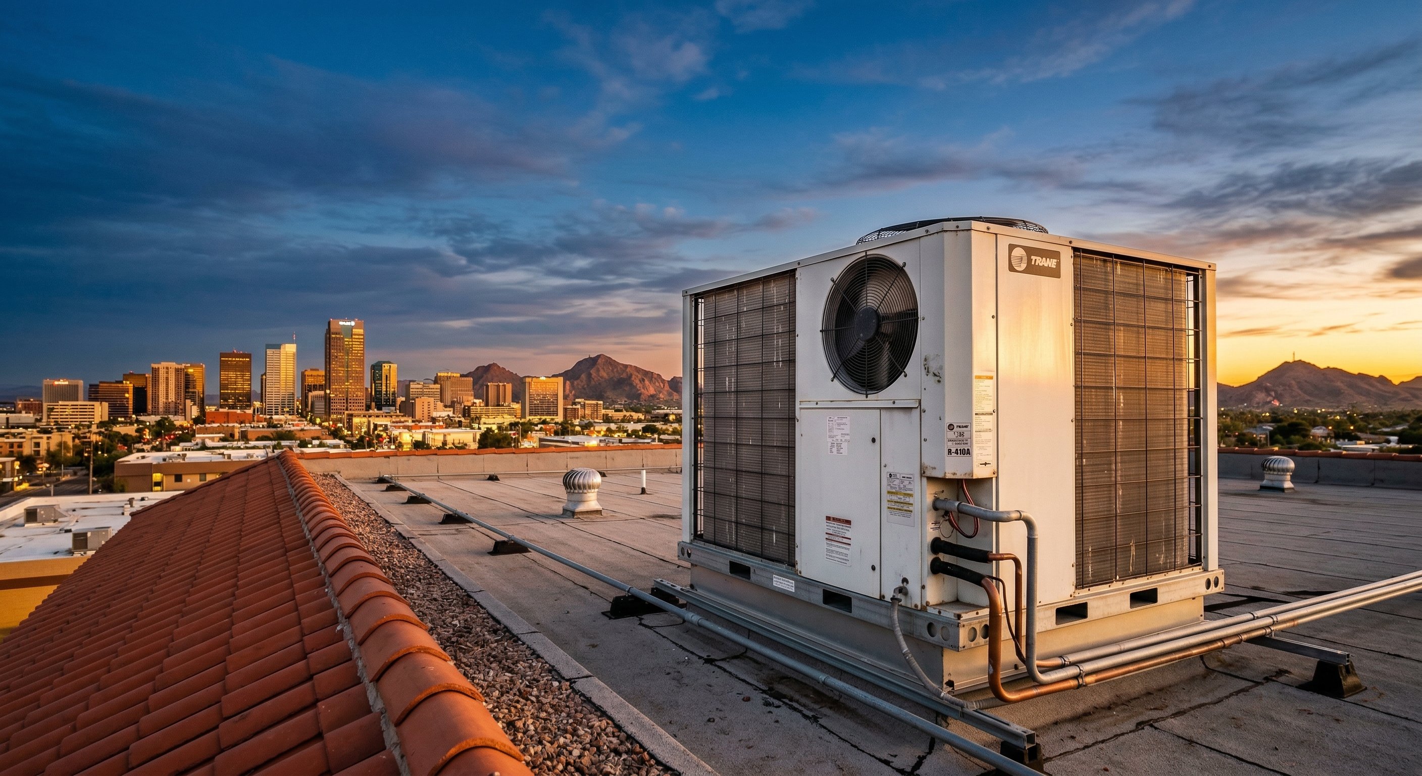 HVAC technician on rooftop checking a package unit with Phoenix skyline in the background at dusk