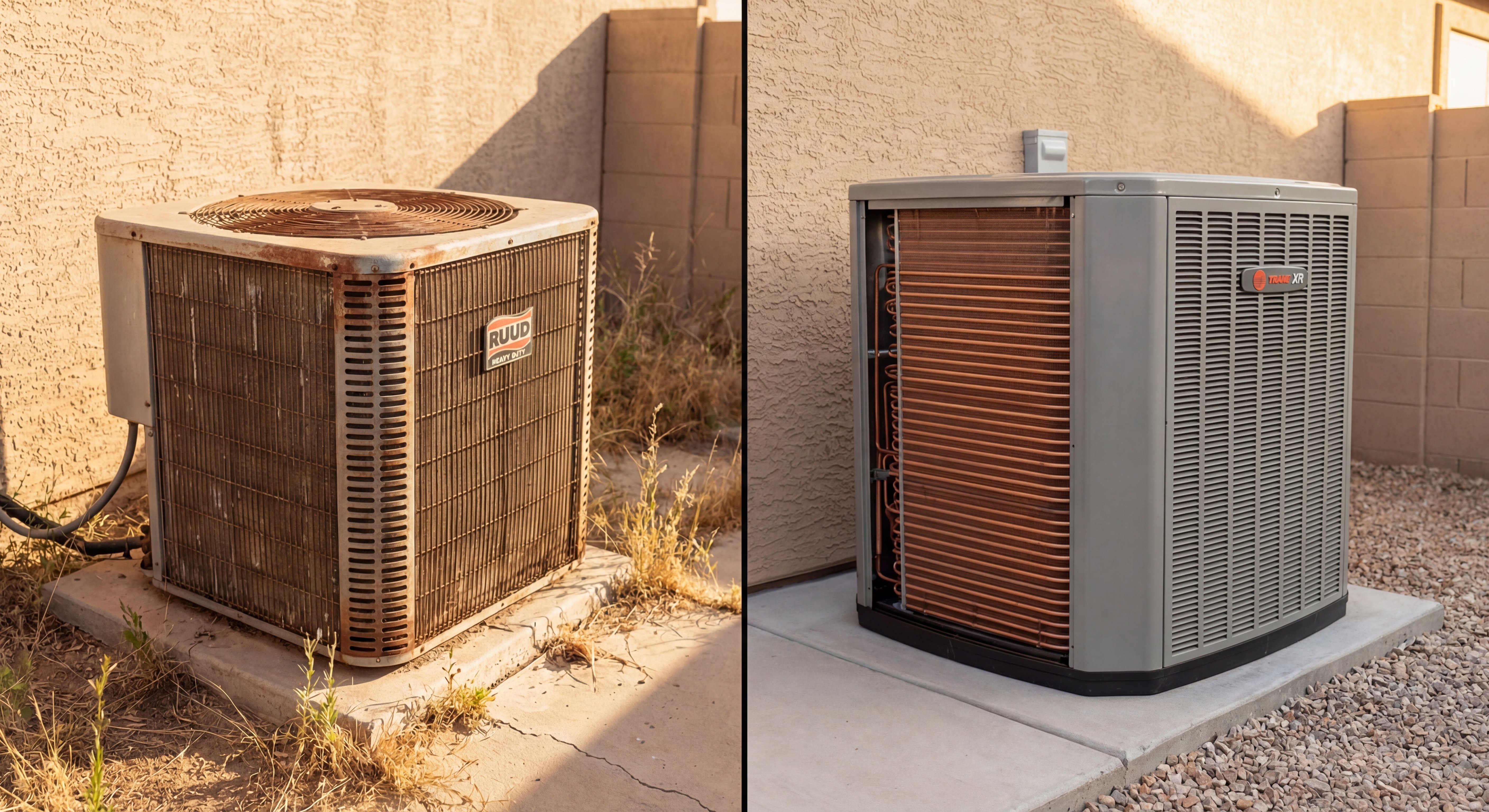 Split-comparison showing old rusty AC unit versus clean new condenser unit in Arizona setting