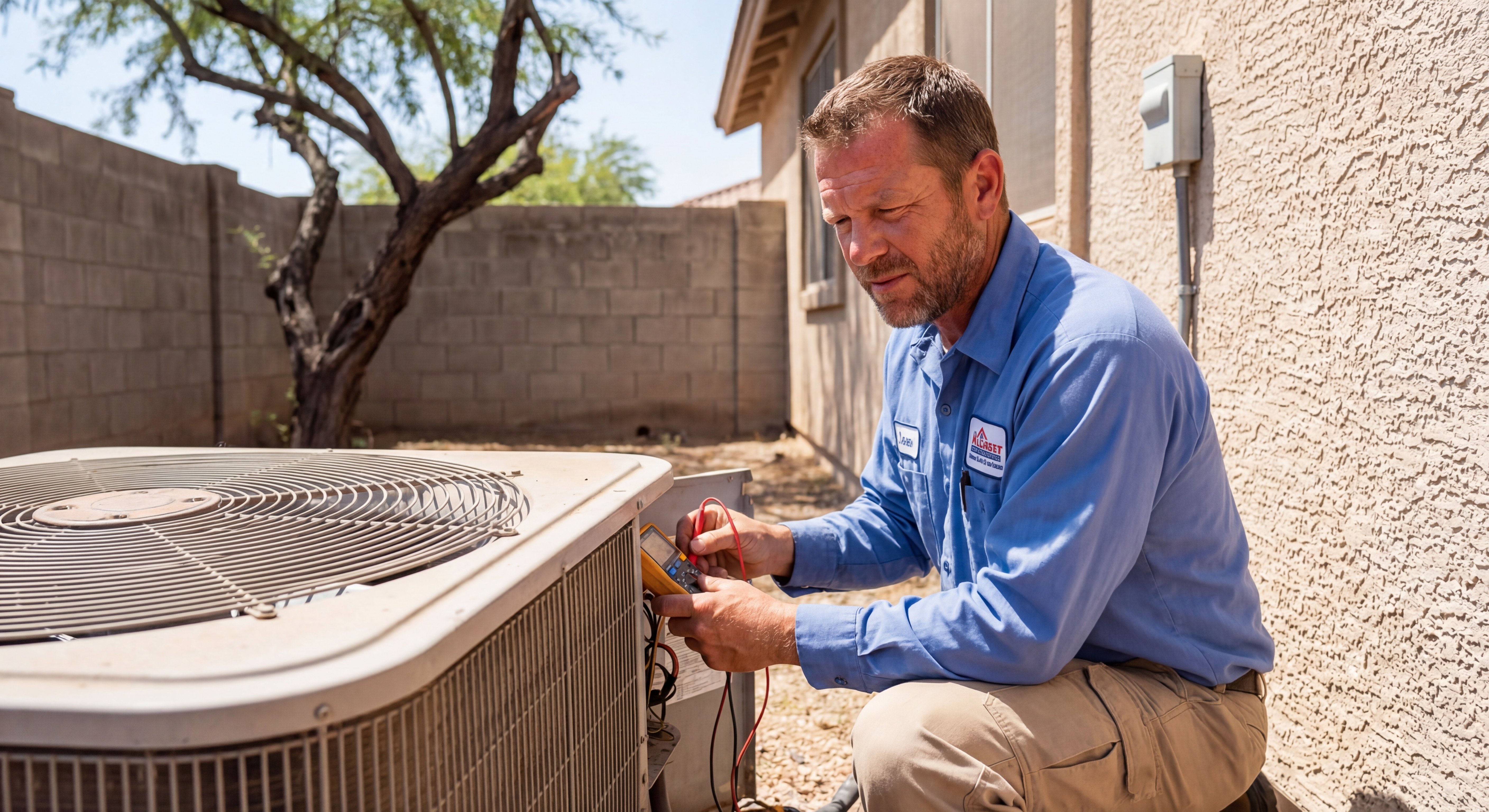 Licensed HVAC technician inspecting outdoor AC condenser unit with multimeter near Arizona home