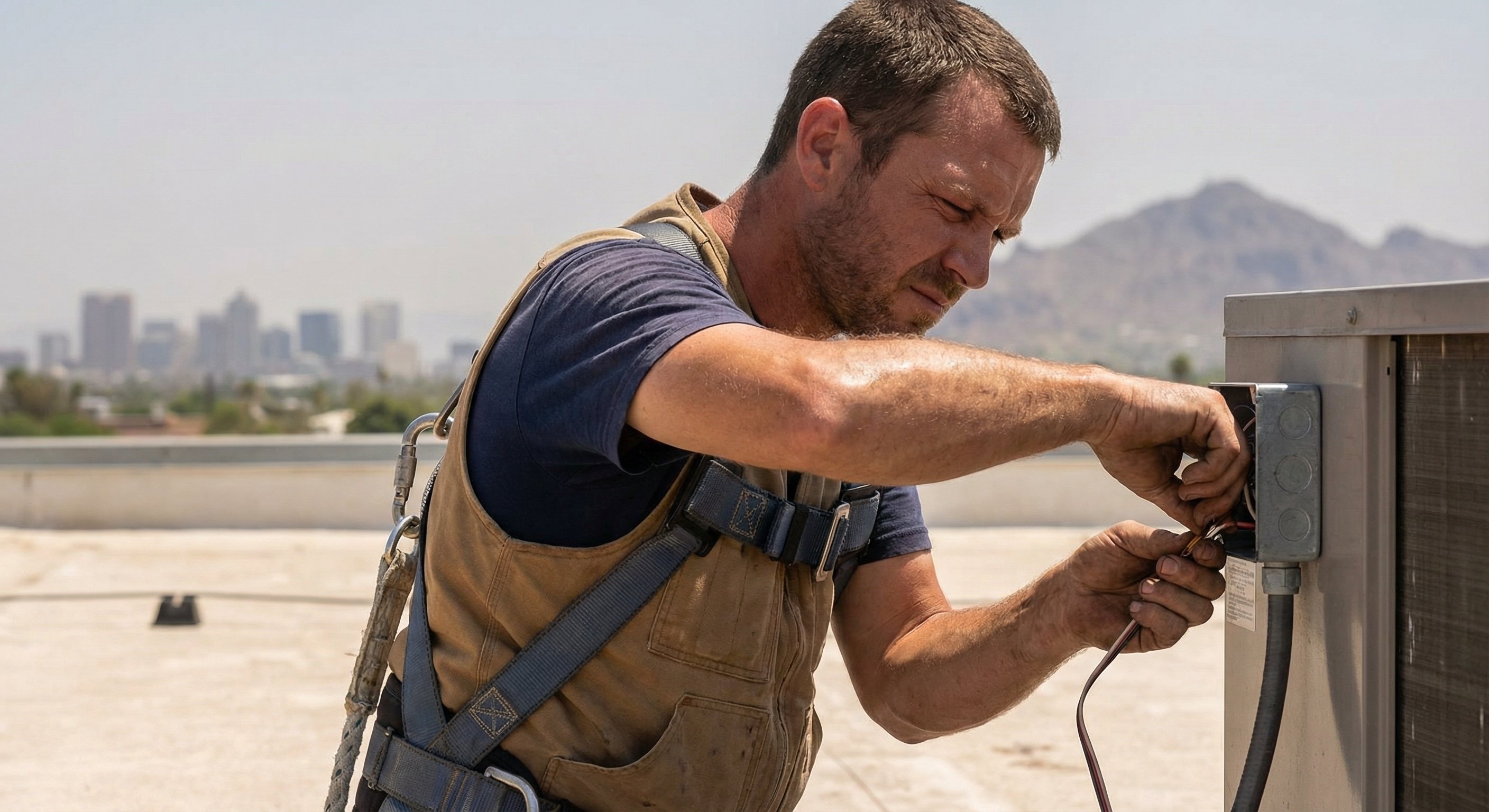 HVAC technician installing smart thermostat on Phoenix rooftop with mountain view