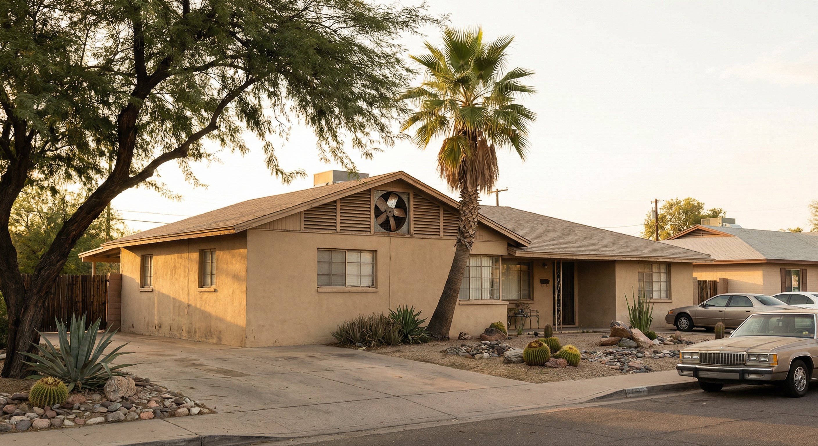 Whole house fan on older Phoenix ranch home gable